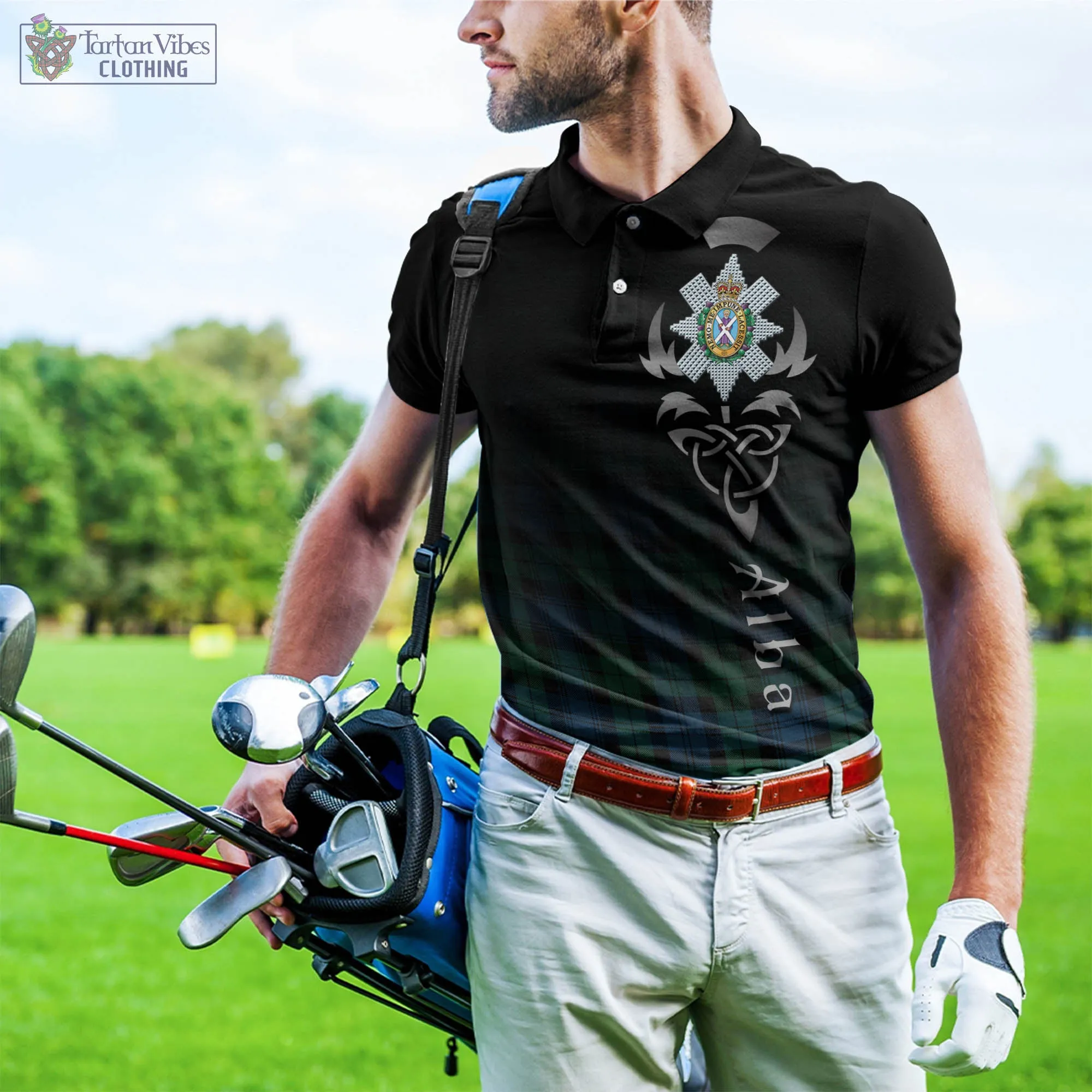 Black Watch Ancient Tartan Polo Shirt Featuring Alba Gu Brath Family Crest Celtic Inspired