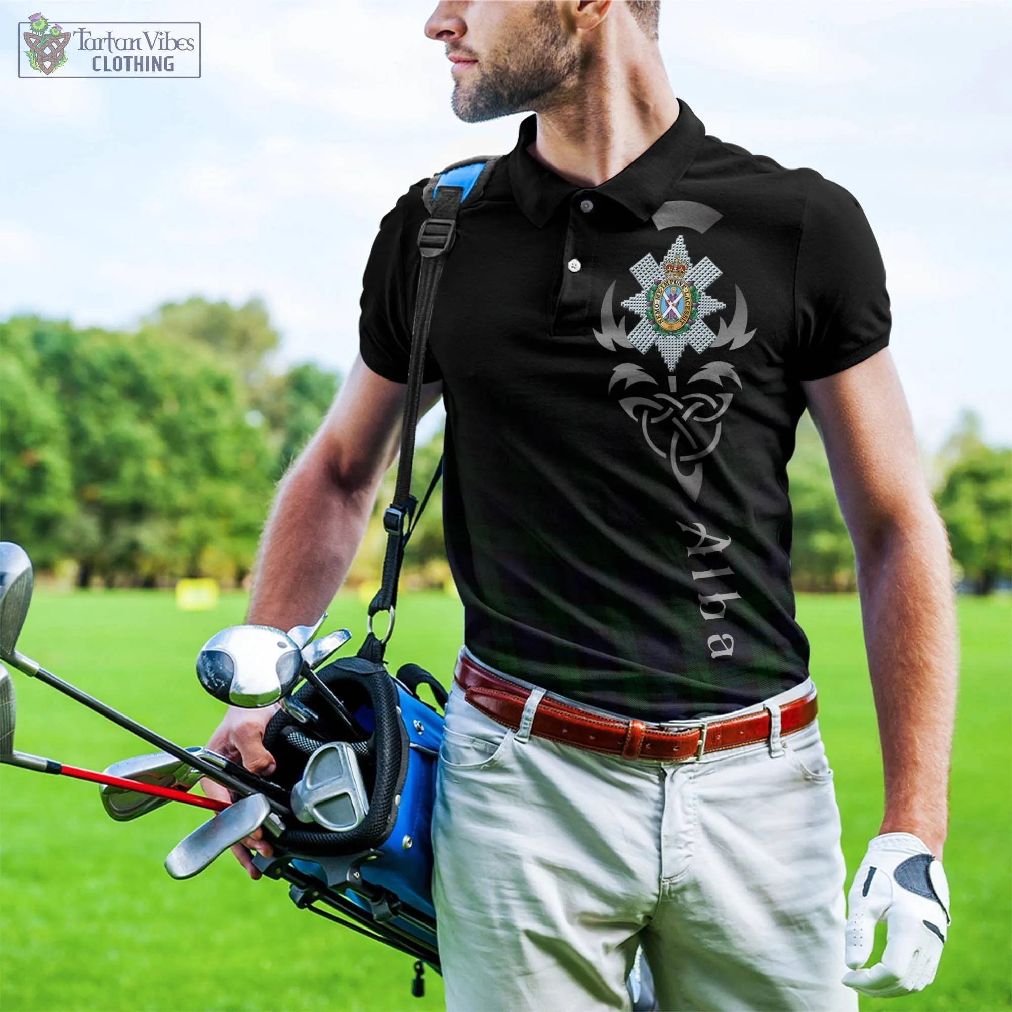 Black Watch Tartan Polo Shirt Featuring Alba Gu Brath Family Crest Celtic Inspired