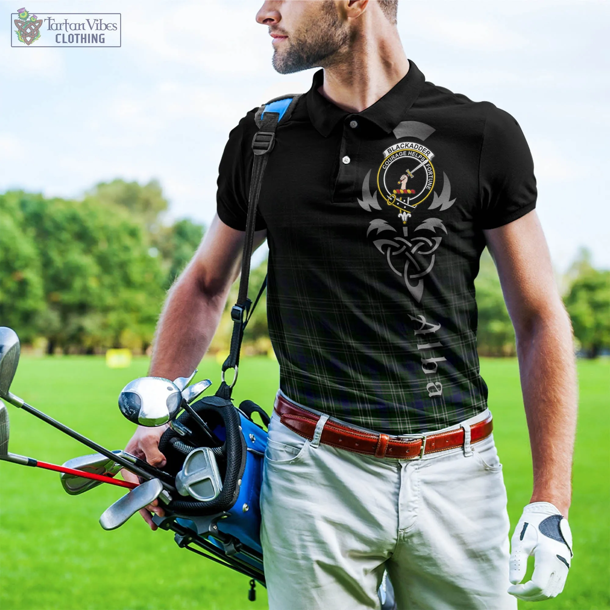 Blackadder Tartan Polo Shirt Featuring Alba Gu Brath Family Crest Celtic Inspired