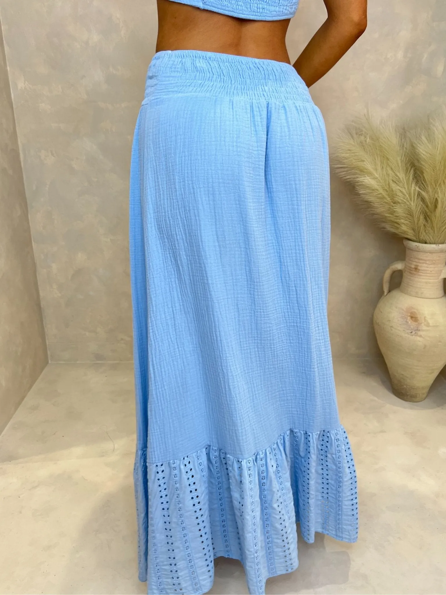 Blue Santorini Broderie Anglaise Frilled Hem Maxi Skirt