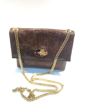 Brown Shiny Small Leather Crossover Bag With Long Gold Chain