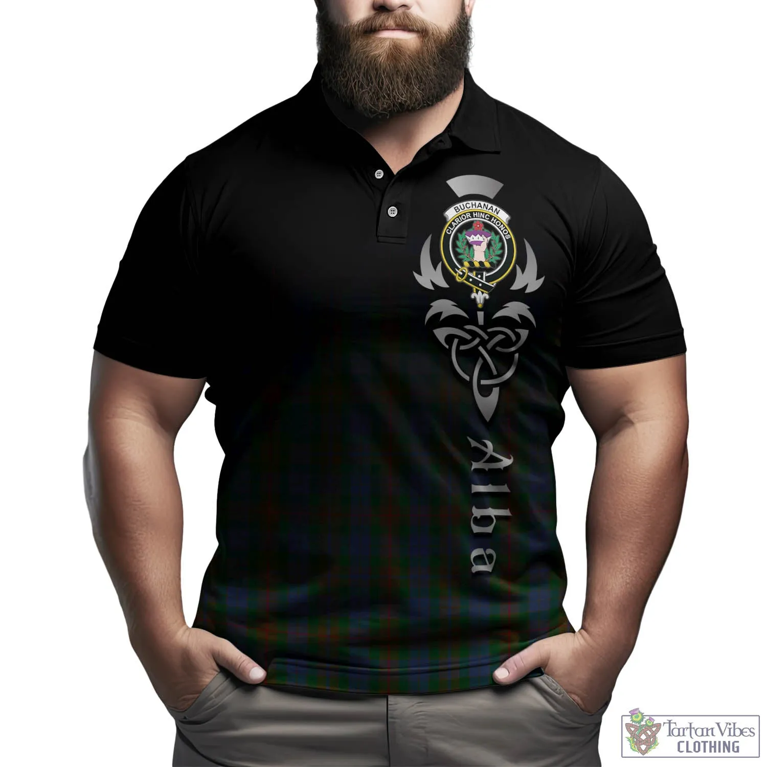 Buchanan Hunting Tartan Polo Shirt Featuring Alba Gu Brath Family Crest Celtic Inspired