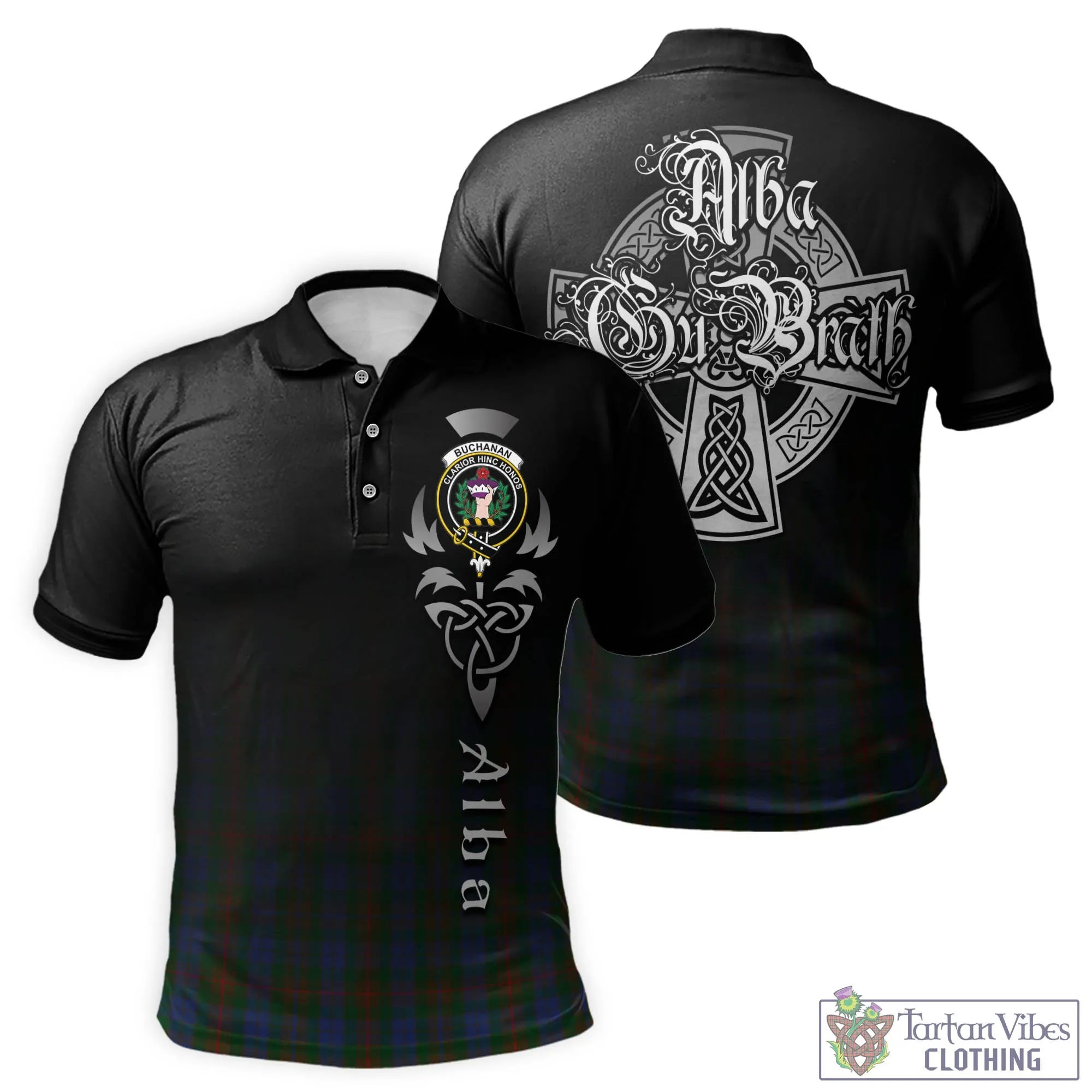 Buchanan Hunting Tartan Polo Shirt Featuring Alba Gu Brath Family Crest Celtic Inspired