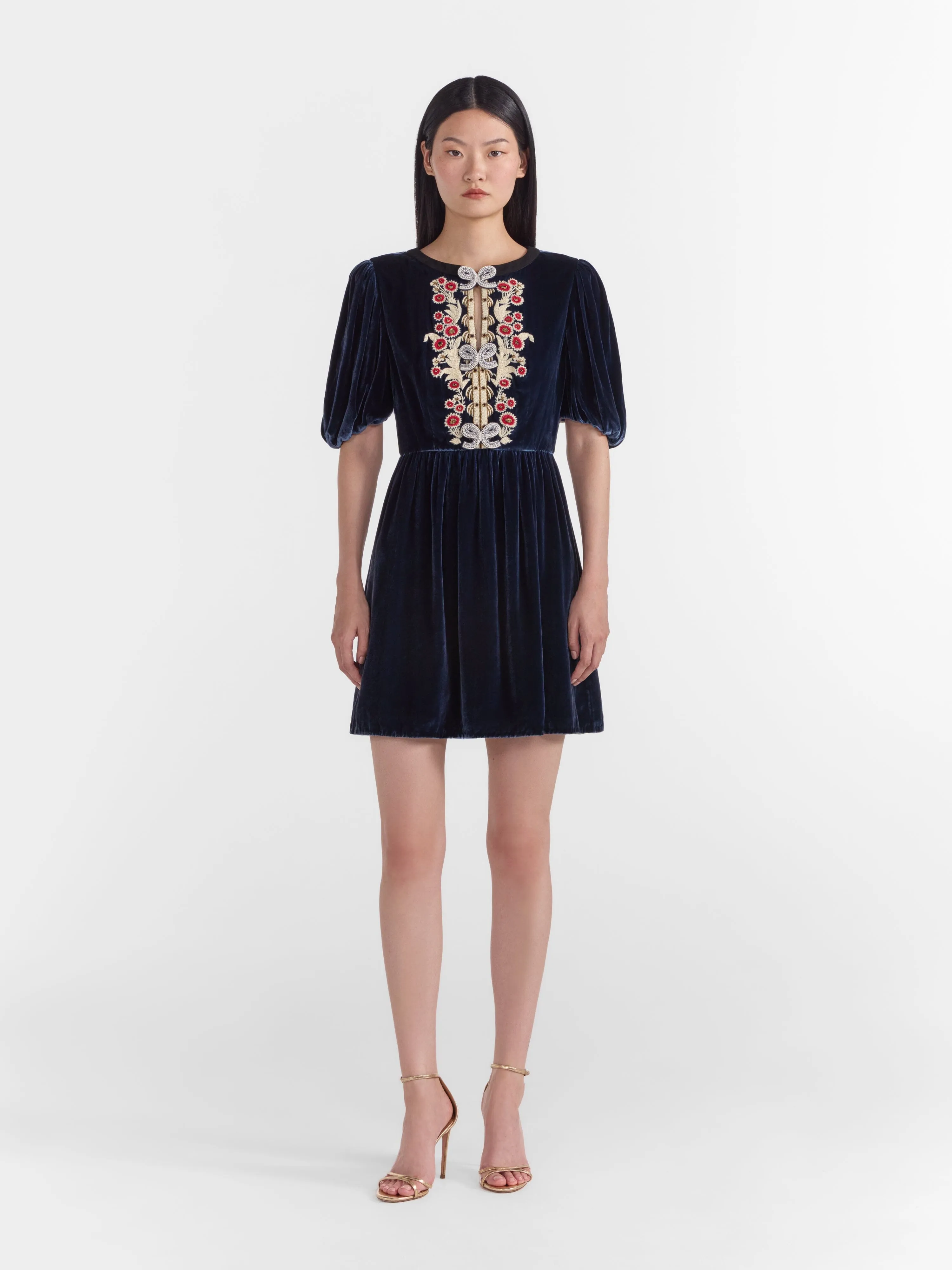 Camille Thread Short Dress with Threadwork Bows in Navy