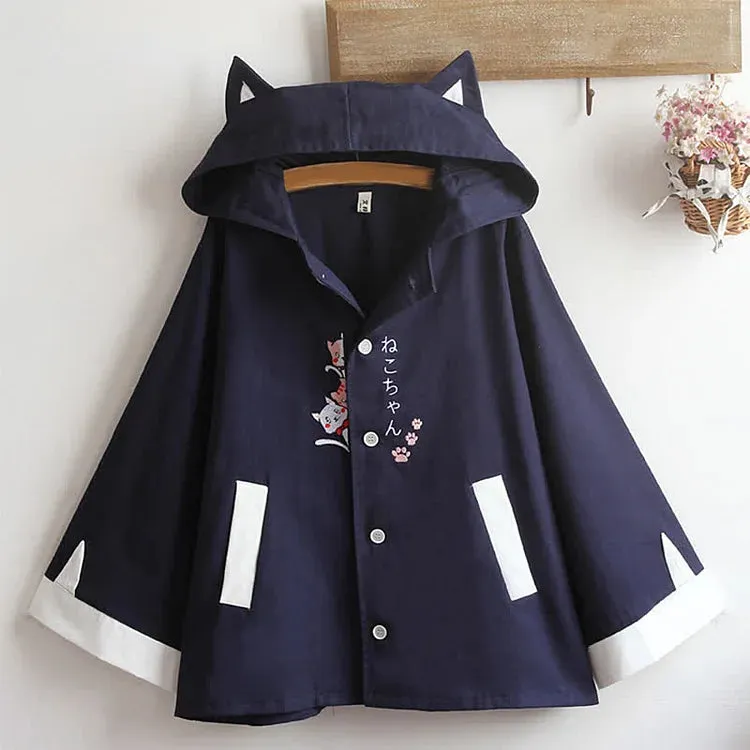 Cartoon Kitty Hideout Embroidery Zipper Hooded Cloak Coat