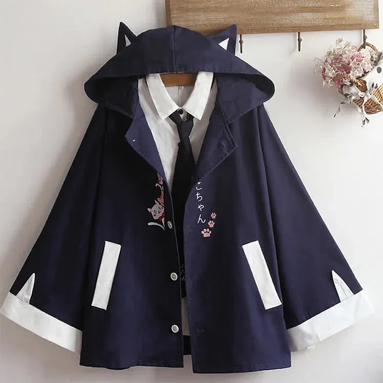 Cartoon Kitty Hideout Embroidery Zipper Hooded Cloak Coat