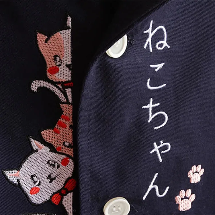 Cartoon Kitty Hideout Embroidery Zipper Hooded Cloak Coat