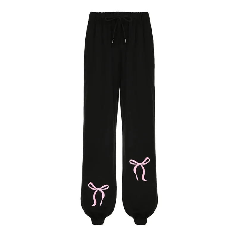 Casual Loose Sportswear Joggers Pants Autumn Sweatpants Coquett Clothes Bow Pattern Print Elastic Waist Trousers Cute