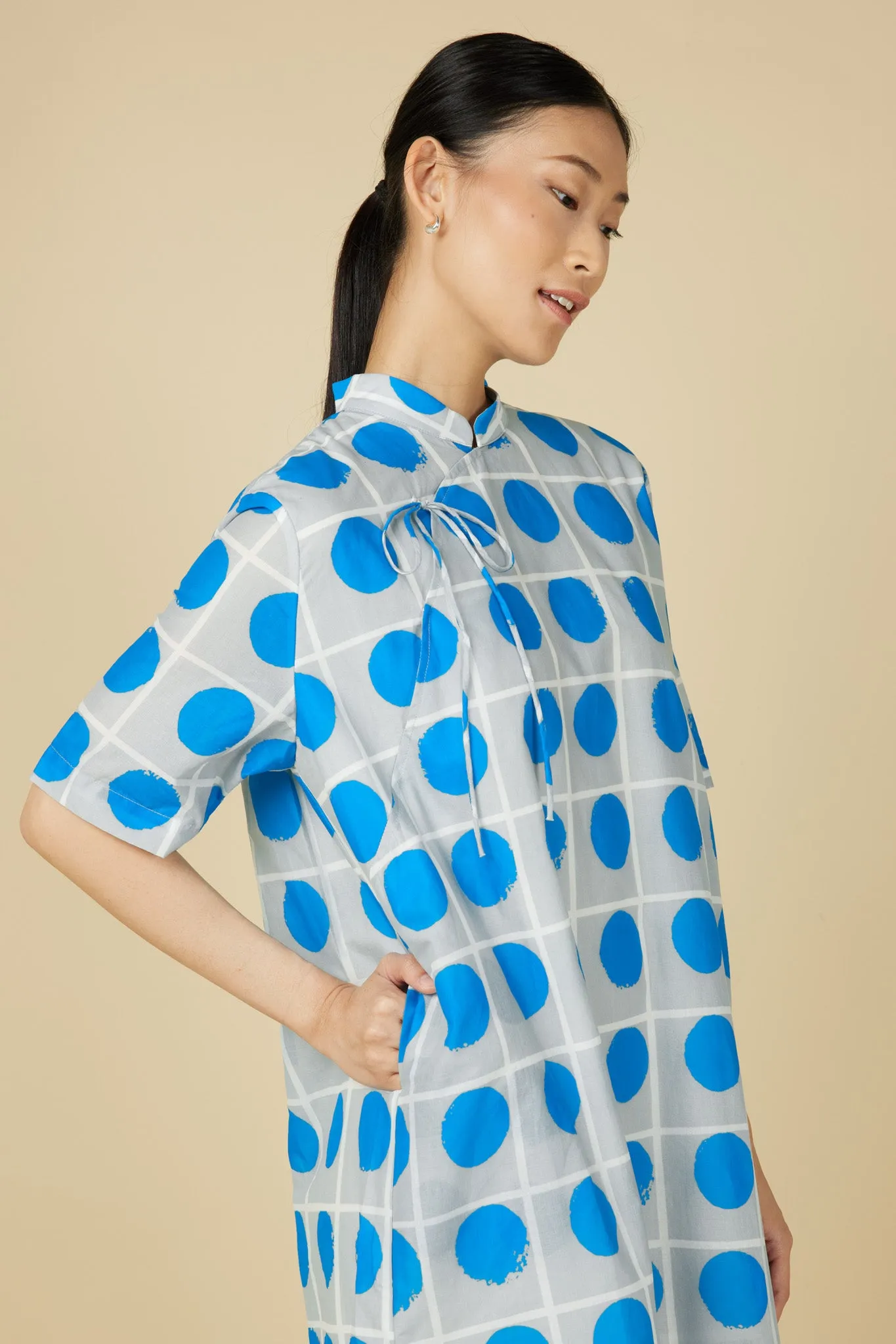 Celeste Cheongsam Dress in Blue Polka Dots