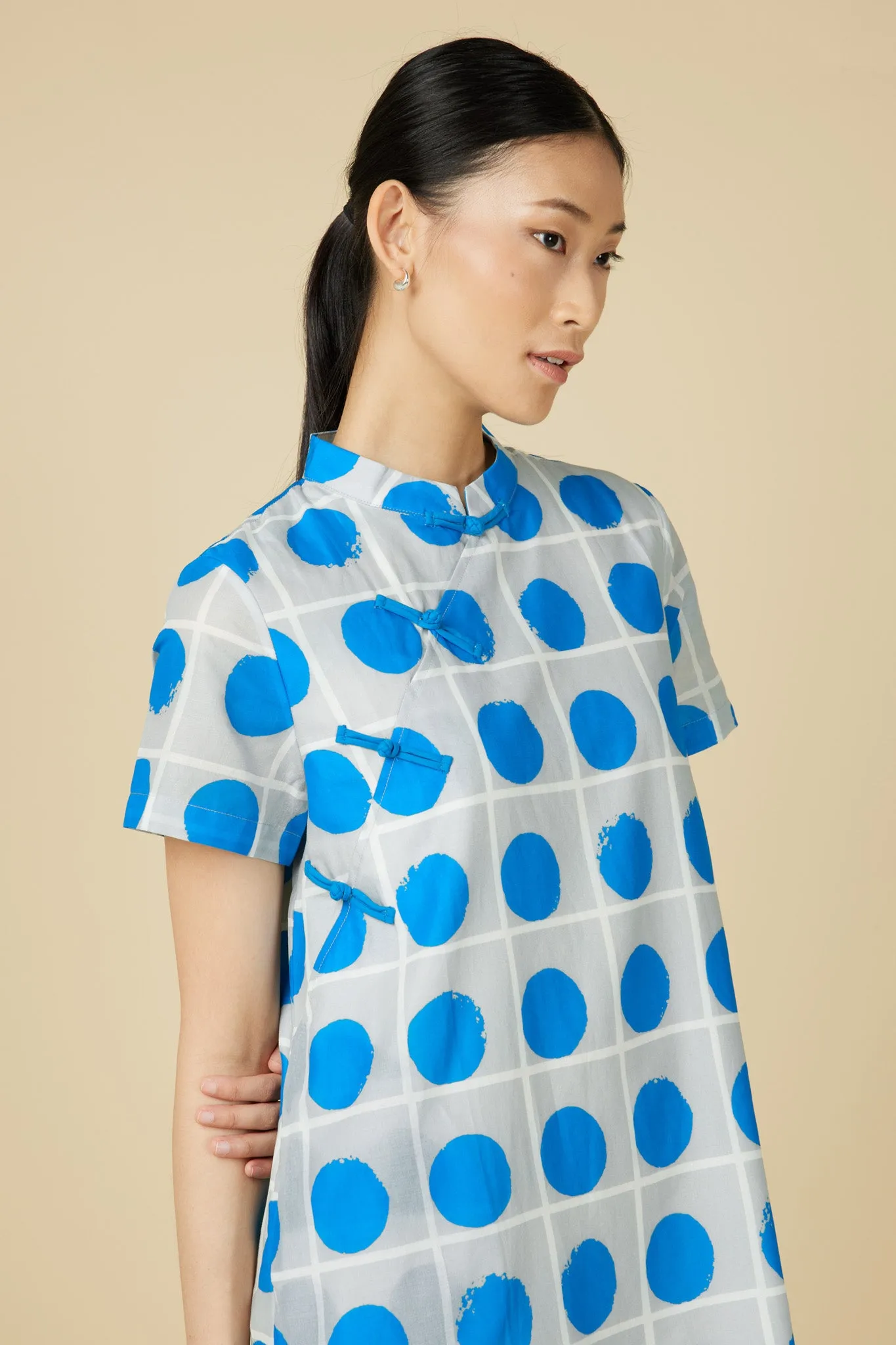 Cheongsam Midi Dress in Blue Polka Dots