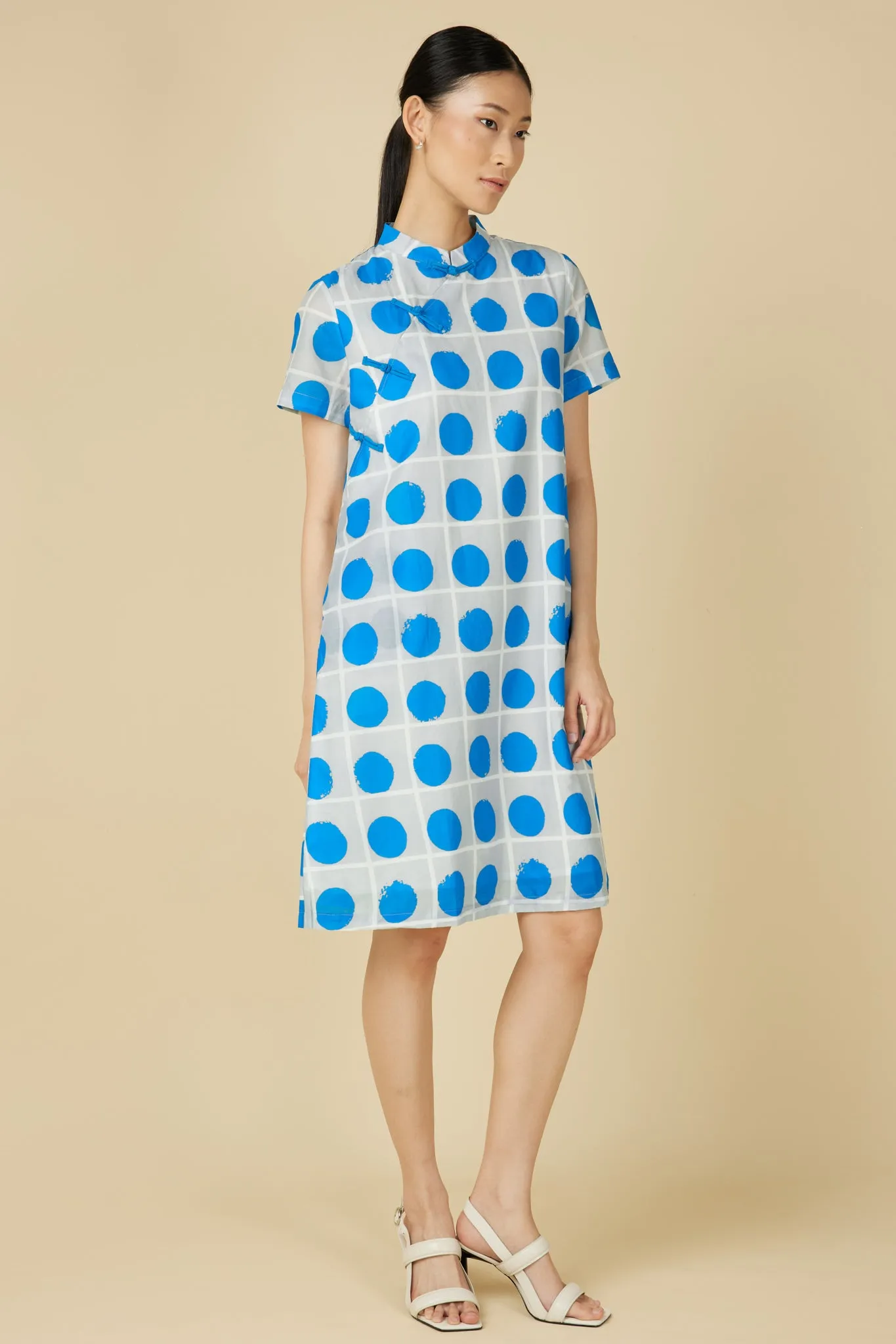 Cheongsam Midi Dress in Blue Polka Dots