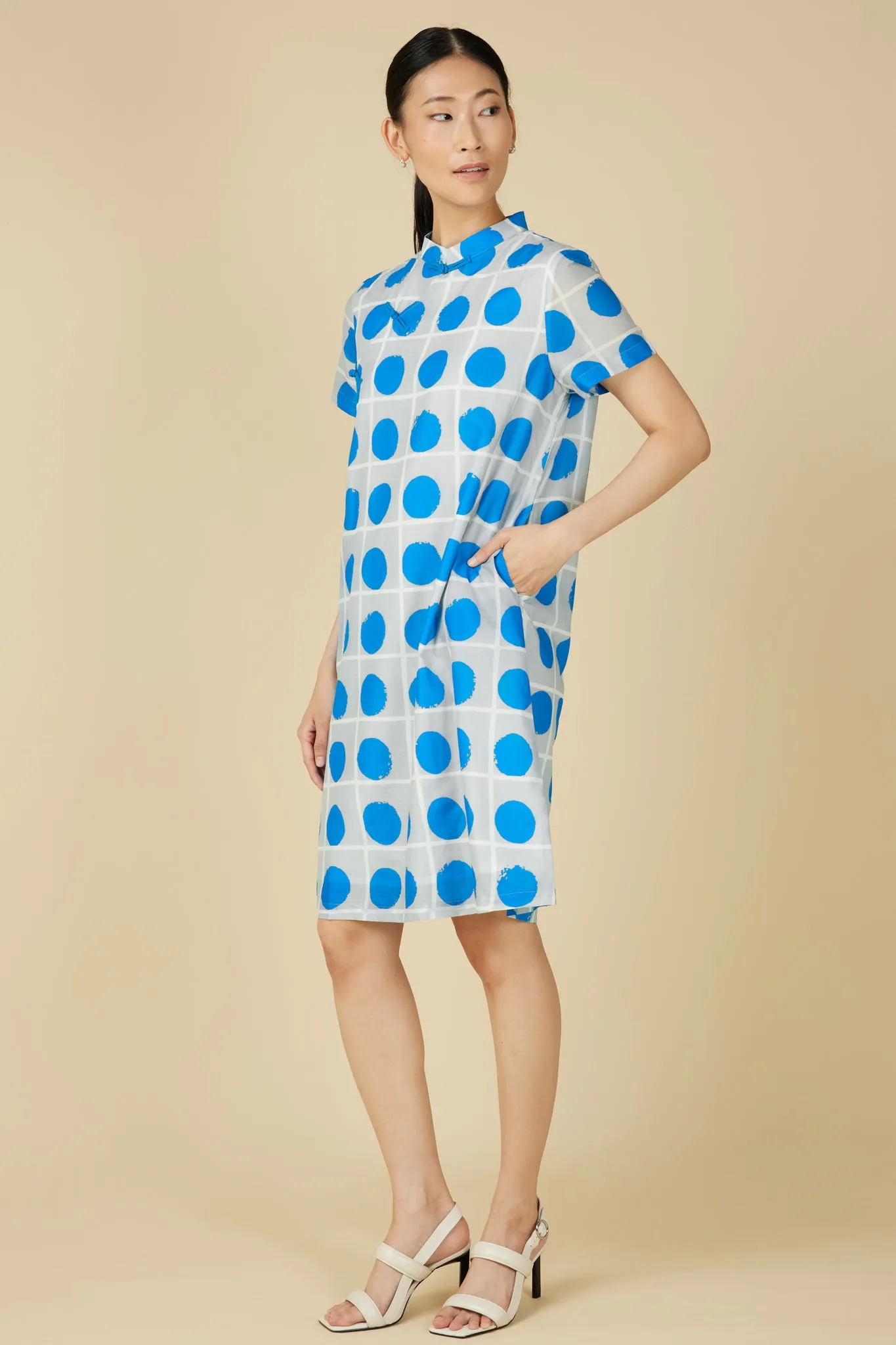 Cheongsam Midi Dress in Blue Polka Dots