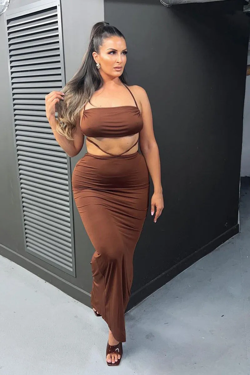 Chocolate Halter Neck Crop Top & Tie Waist Ruched Bum Maxi Skirt Set - Tilly