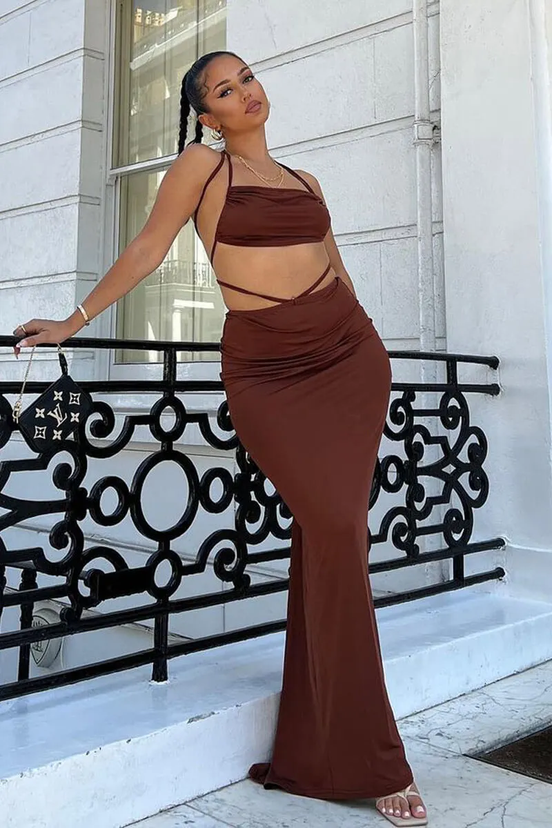 Chocolate Halter Neck Crop Top & Tie Waist Ruched Bum Maxi Skirt Set - Tilly