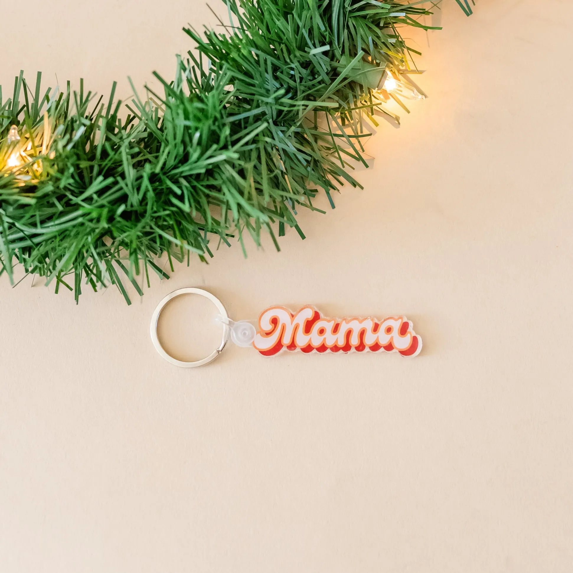 Christmas Keychain - Mama Pink and Red Groovy Script