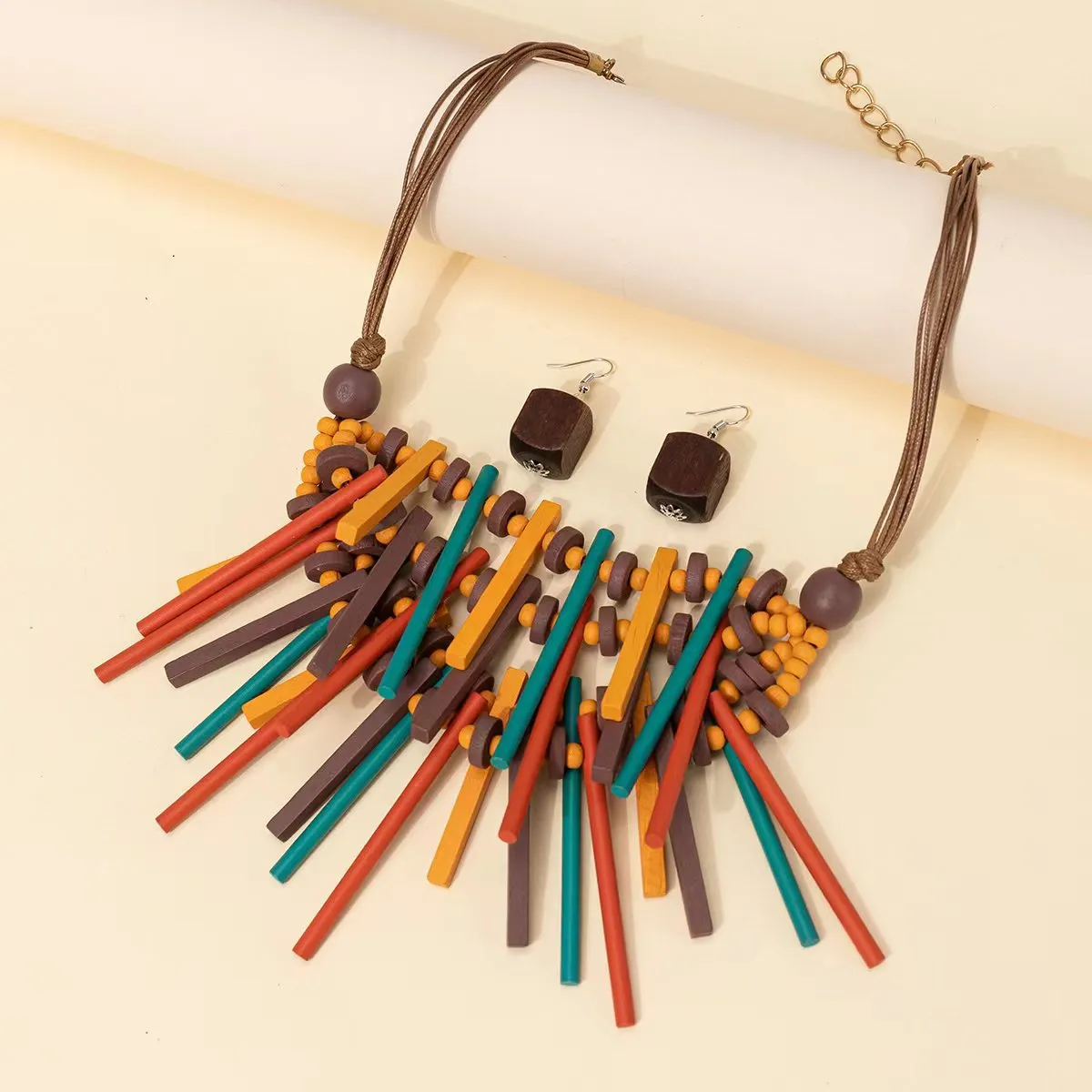 Colorful African Style Sappanwood Sweater Chain Necklace with Ethnic Charm