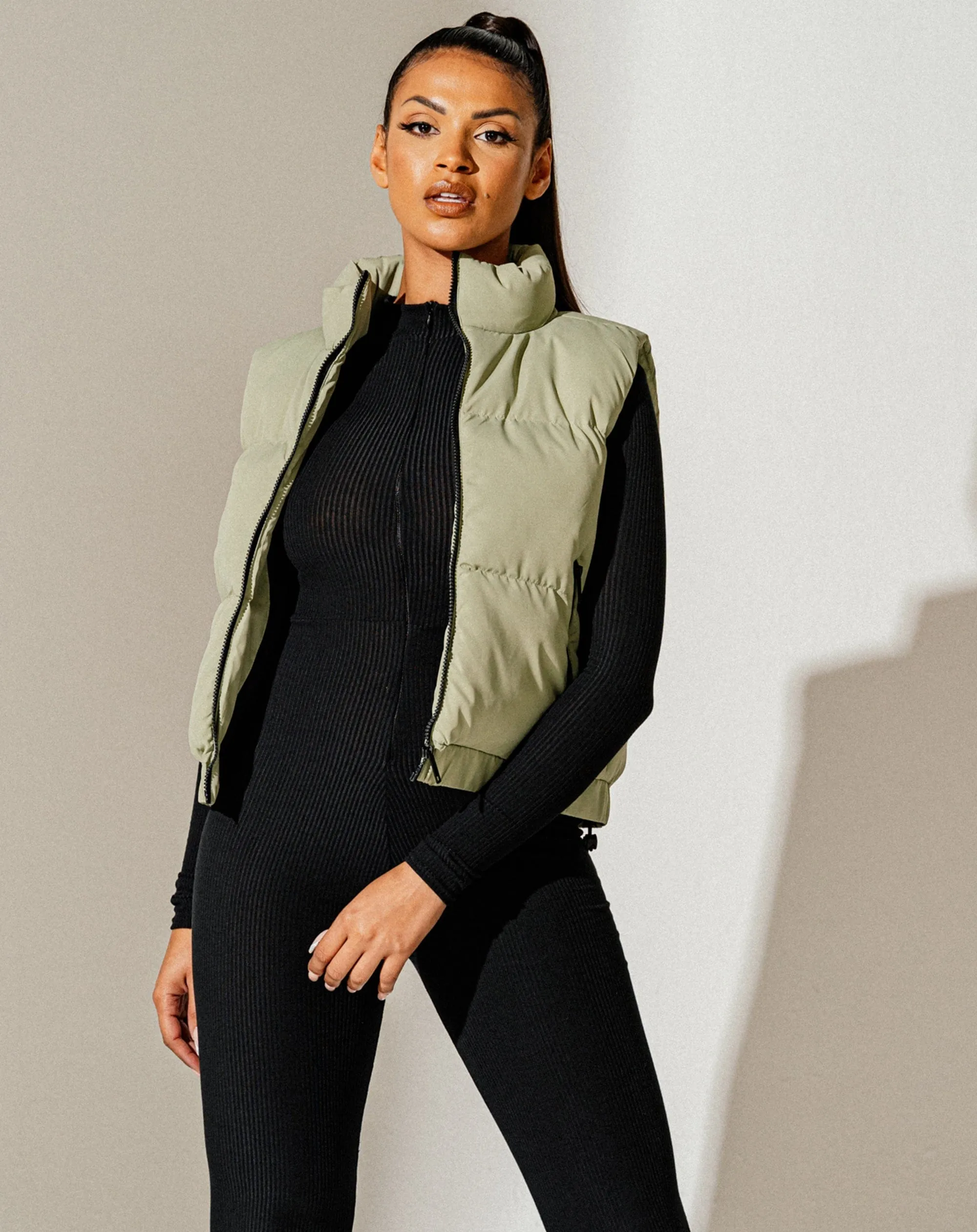 Crop Padded Gilet - Sage Green