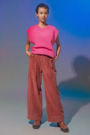 Cropped Pleated Corduroy Pants - Currant