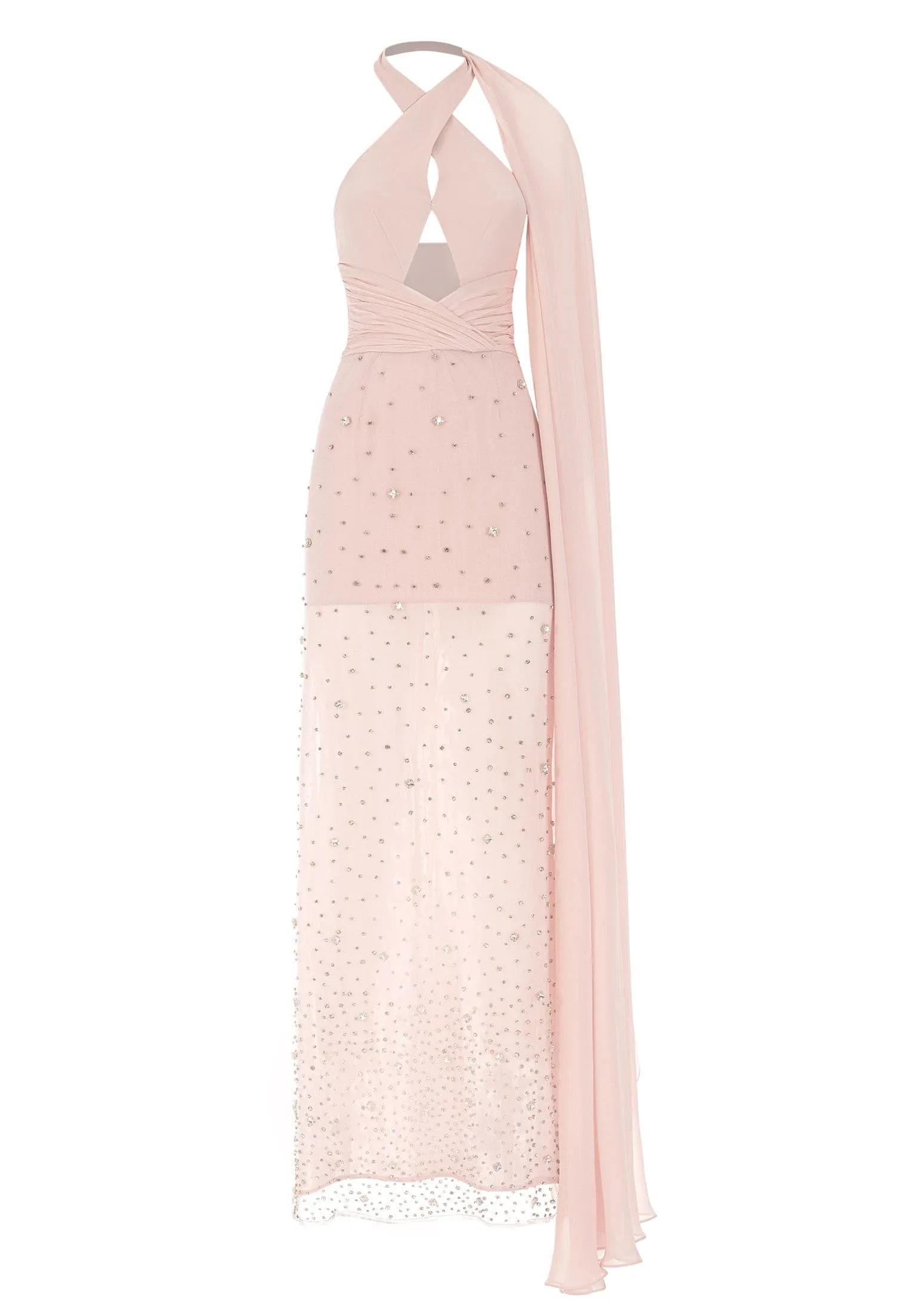 Crystal Embellished Asymmetric Silk Maxi Dress