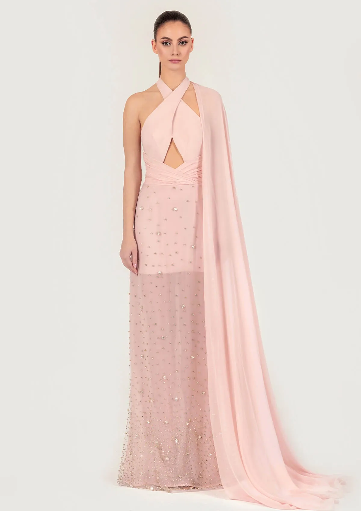 Crystal Embellished Asymmetric Silk Maxi Dress