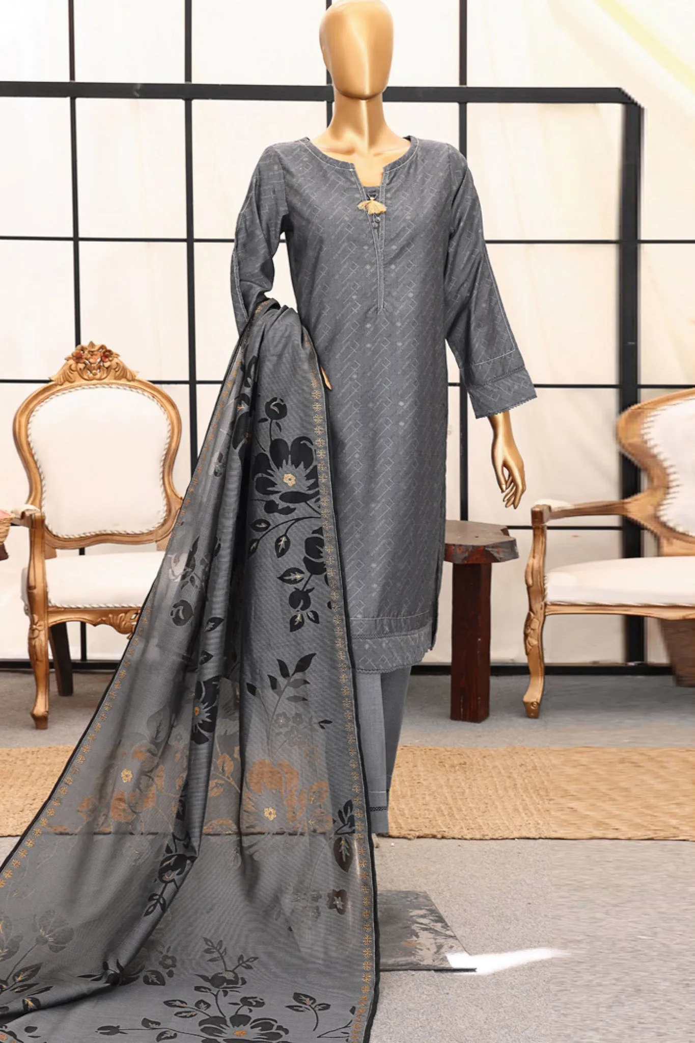 Damask By HZ Stitched 3 Piece Jacquard Lawn Collection'2024-DJL-402-Grey