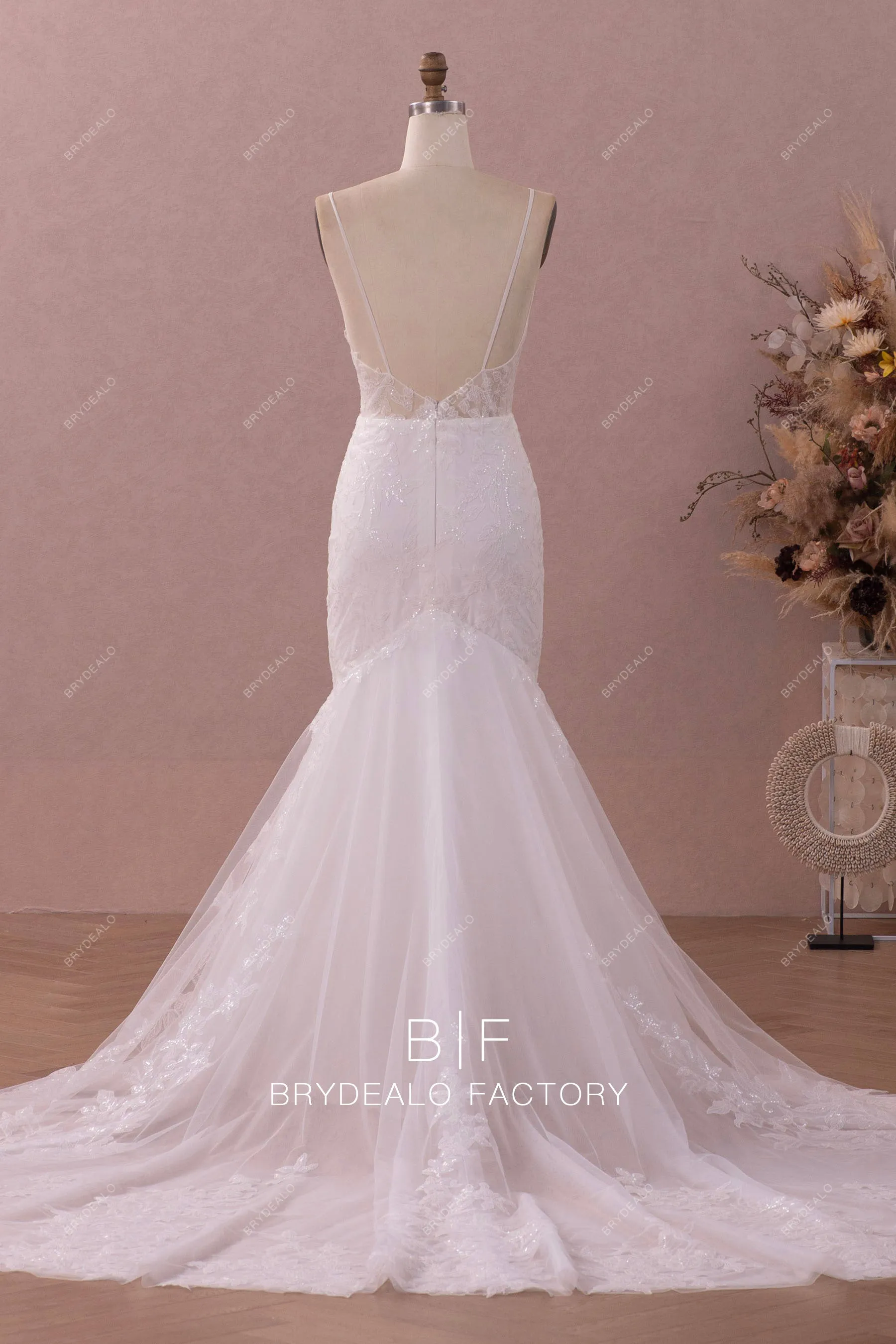 Deep V-Neck Illusion Lace Mermaid Chapel Train Wedding Dress