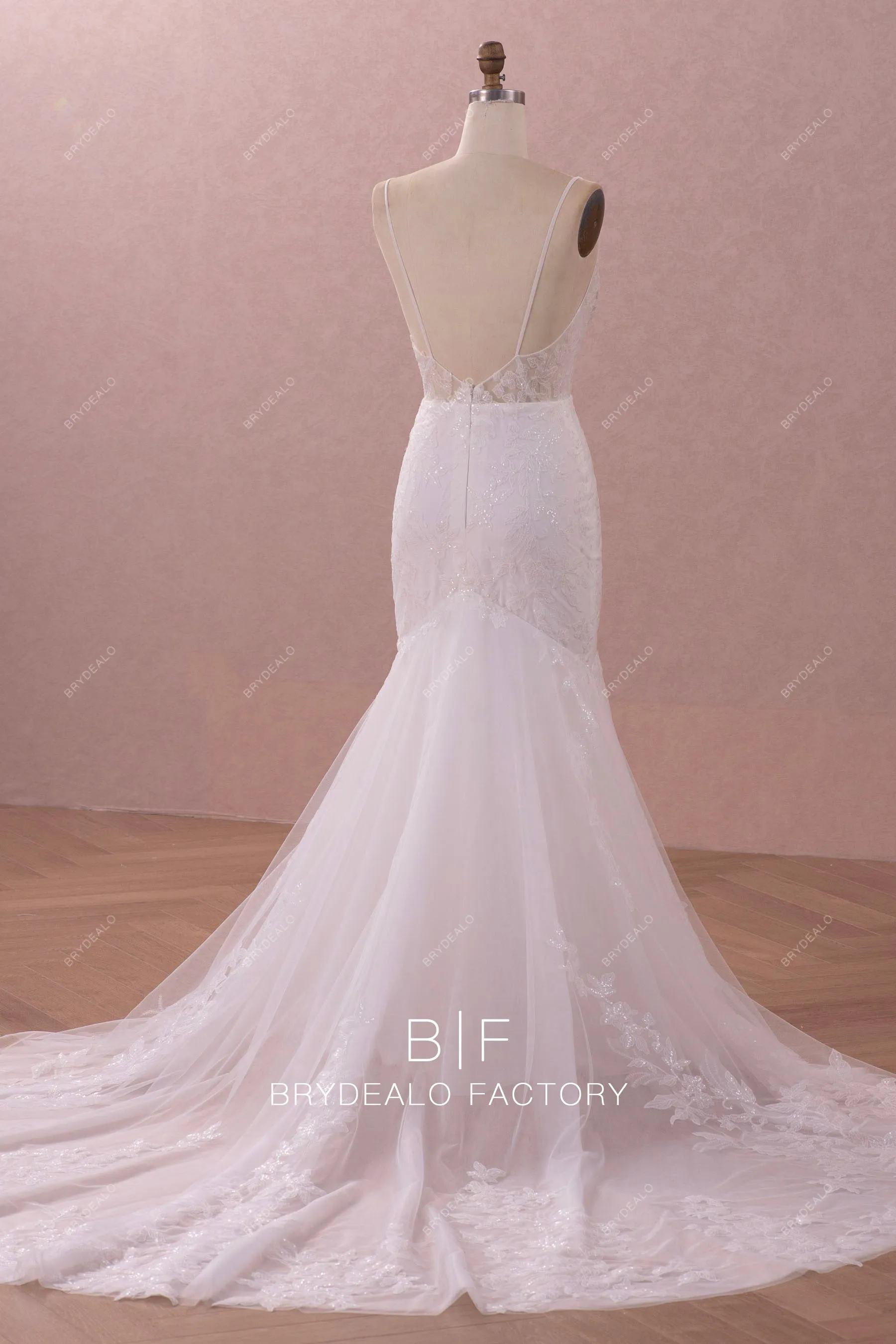 Deep V-Neck Illusion Lace Mermaid Chapel Train Wedding Dress