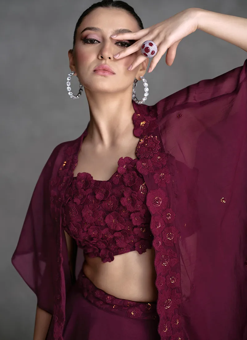 Deep Wine Appliqué Embroidered Cape Style Lehenga