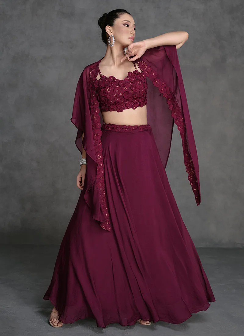 Deep Wine Appliqué Embroidered Cape Style Lehenga