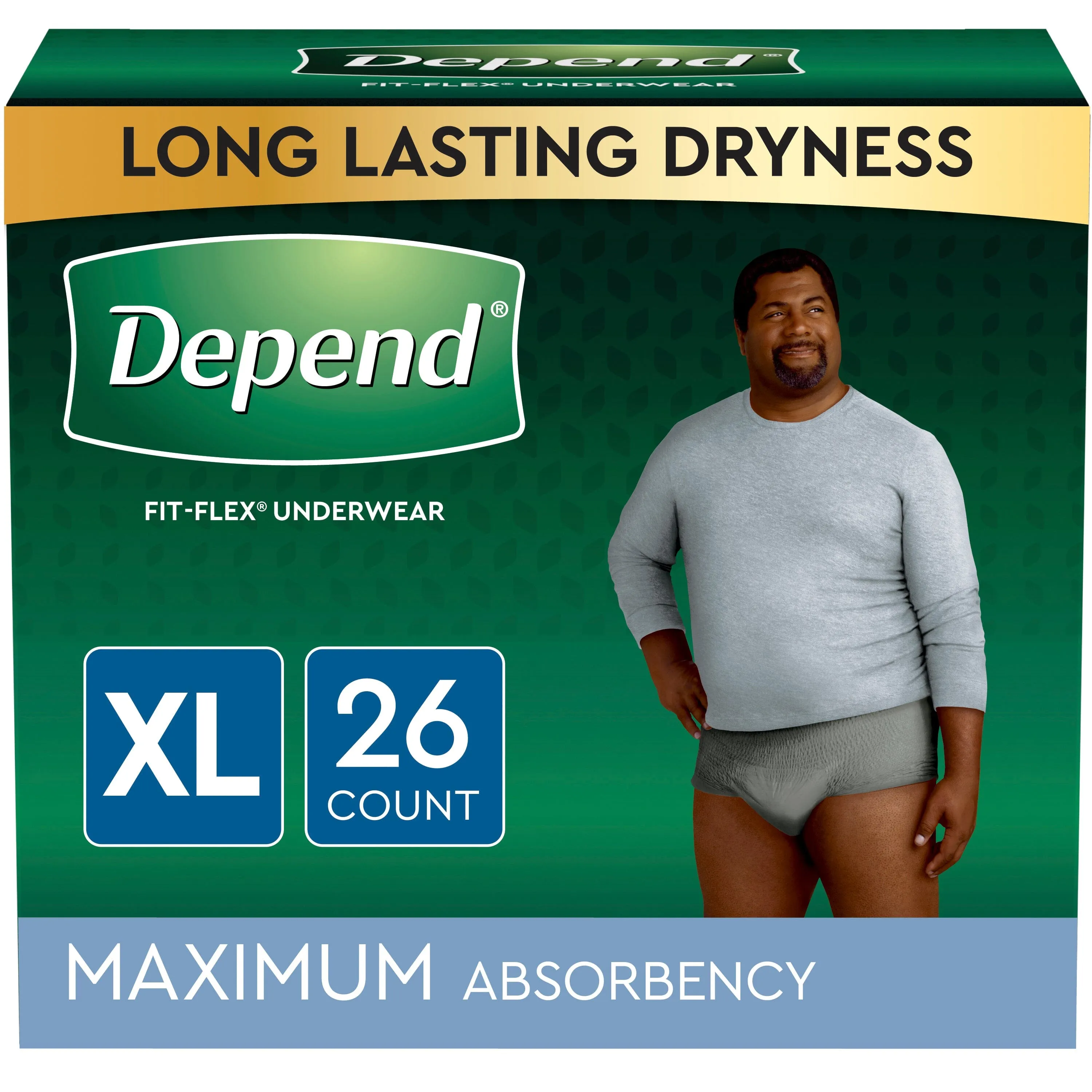 Depend FIT-FLEX Incontinence Underwear for Men, Maximum Absorbency, XL, Gray, 26 Count