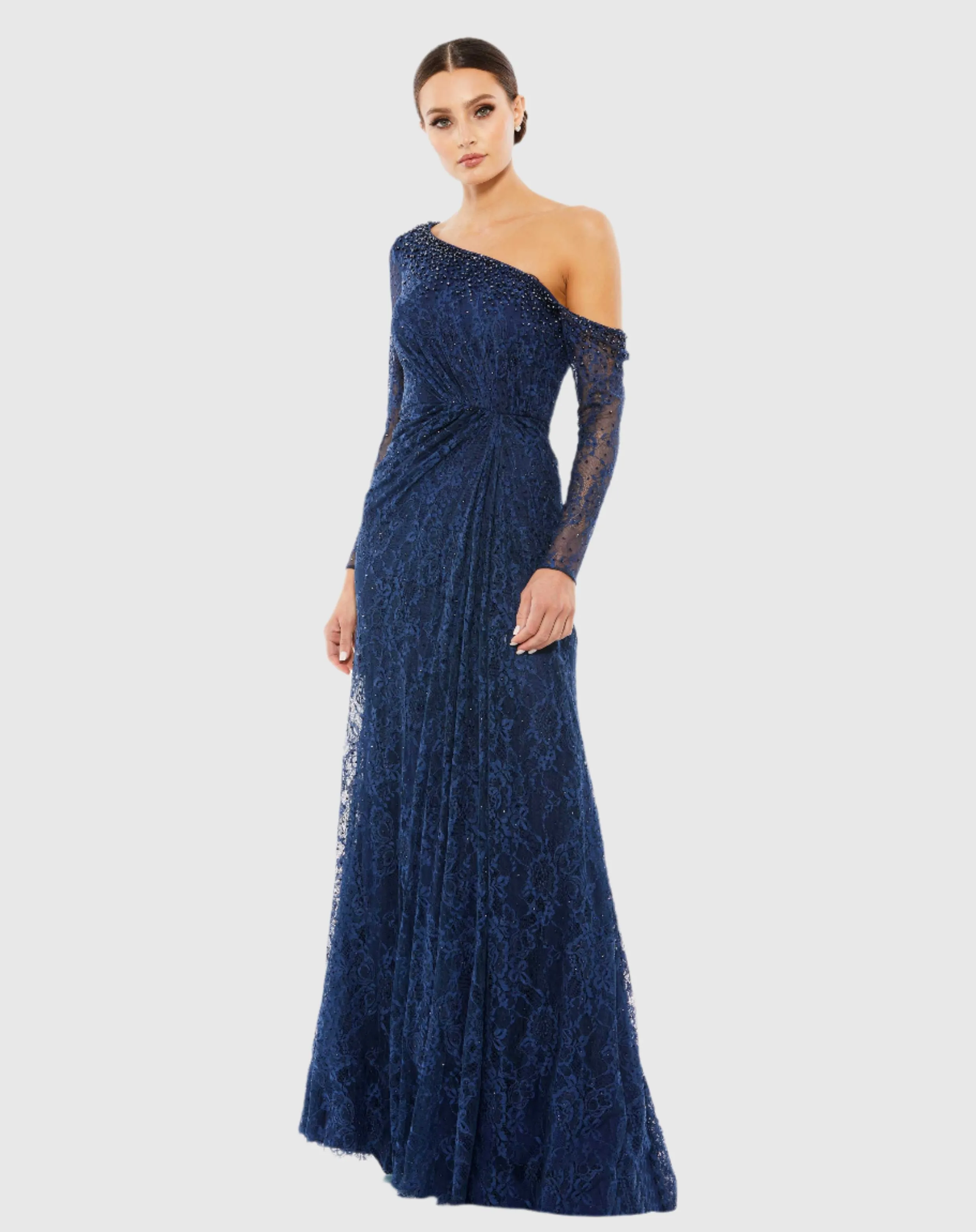 Draped Jewel Encrusted Lace Drop Shoulder Gown