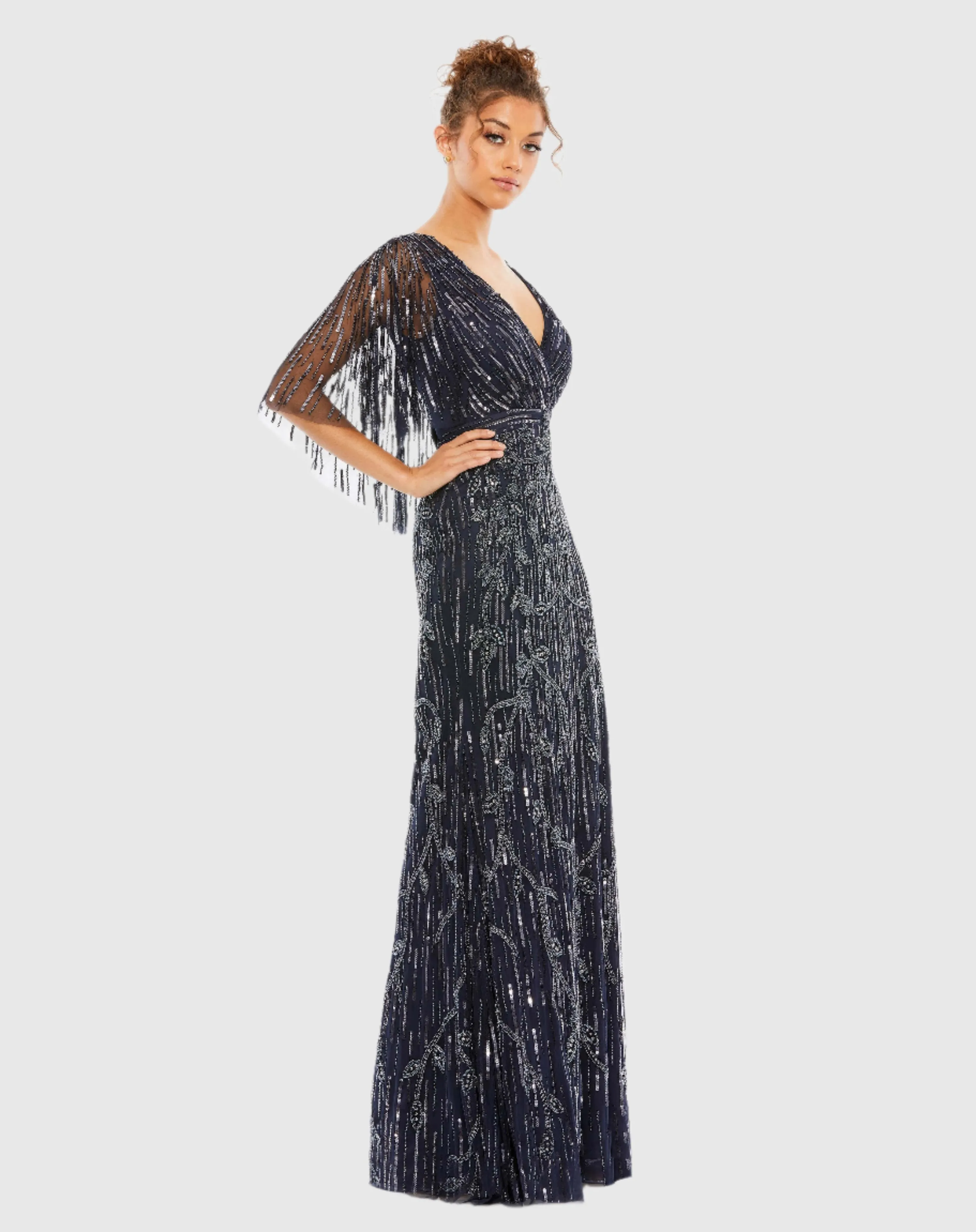 Embellished Cap Sleeve Faux Wrap Trumpet Gown