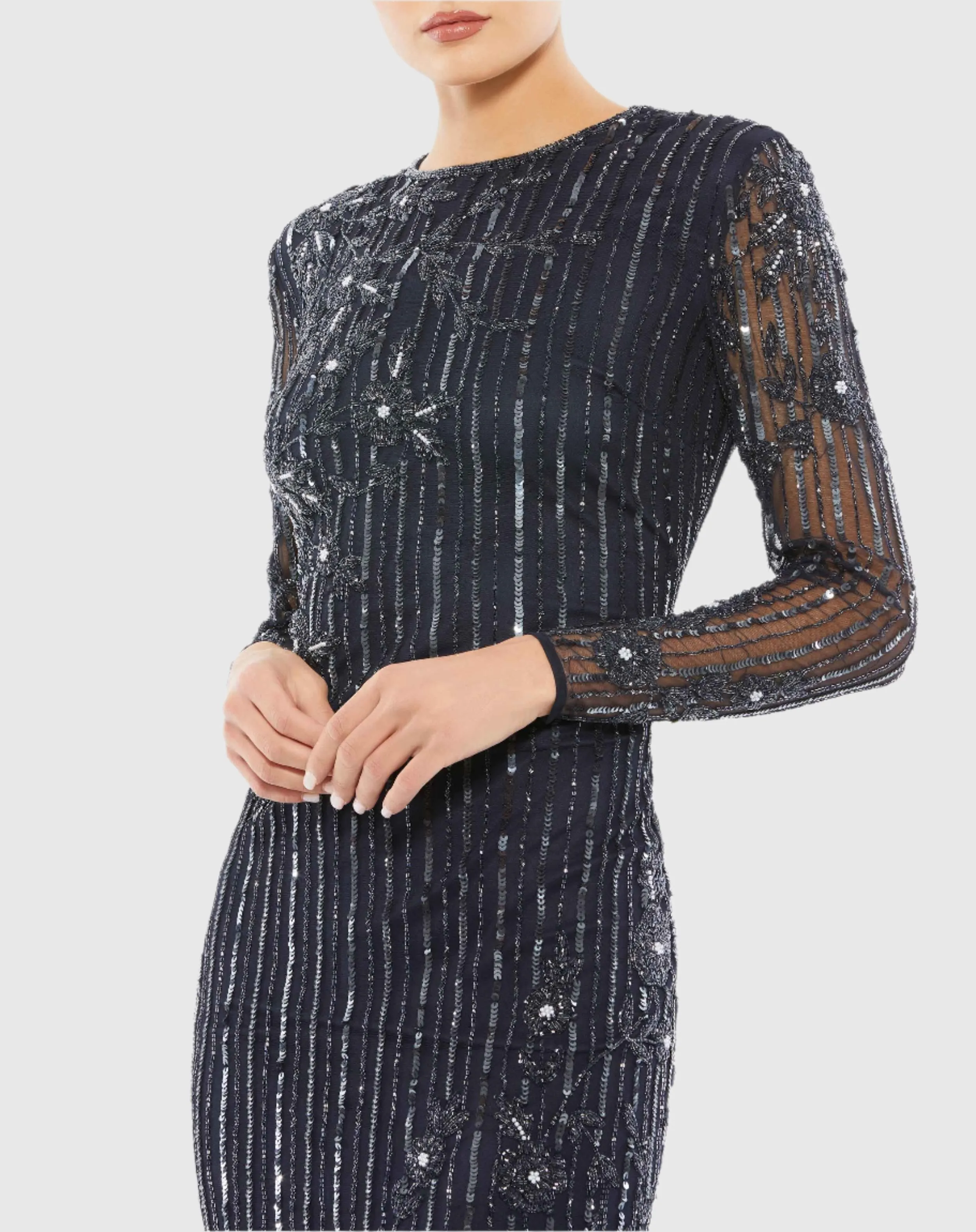 Embellished High Neck Illusion Long Sleeve Gown