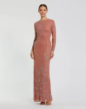 Embellished High Neck Illusion Long Sleeve Gown