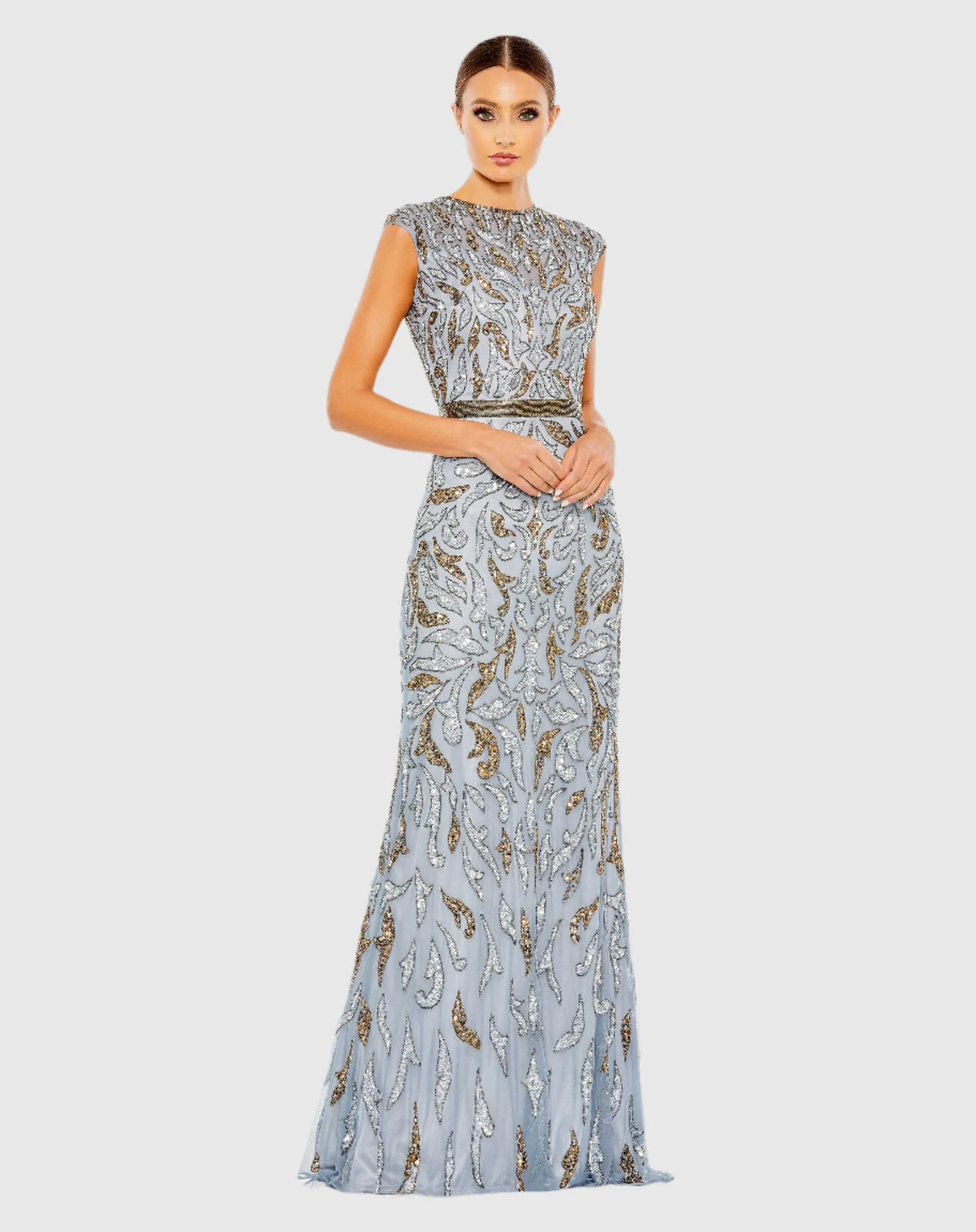 Embellished Illusion Cap Sleeve Column Gown