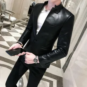 Faux Leather Slim Fit Men Blazer