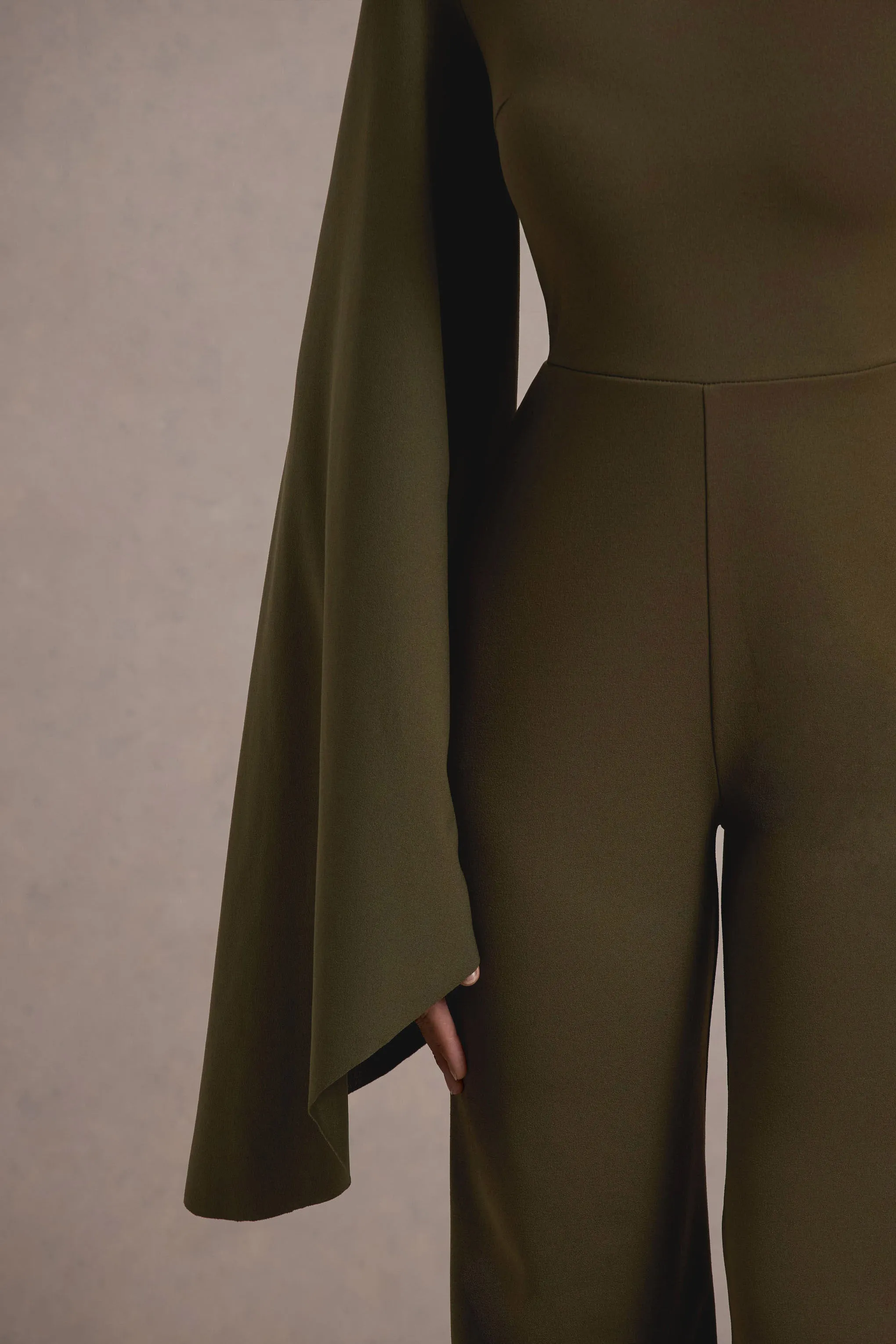 Fenix | Khaki Asymmetric Cape-Sleeve Straight-Leg Jumpsuit