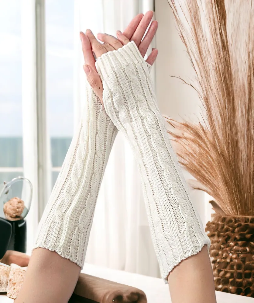 Fingerless Gloves Women Unisex Winter Knit Arm Warmers Long Cable Knit