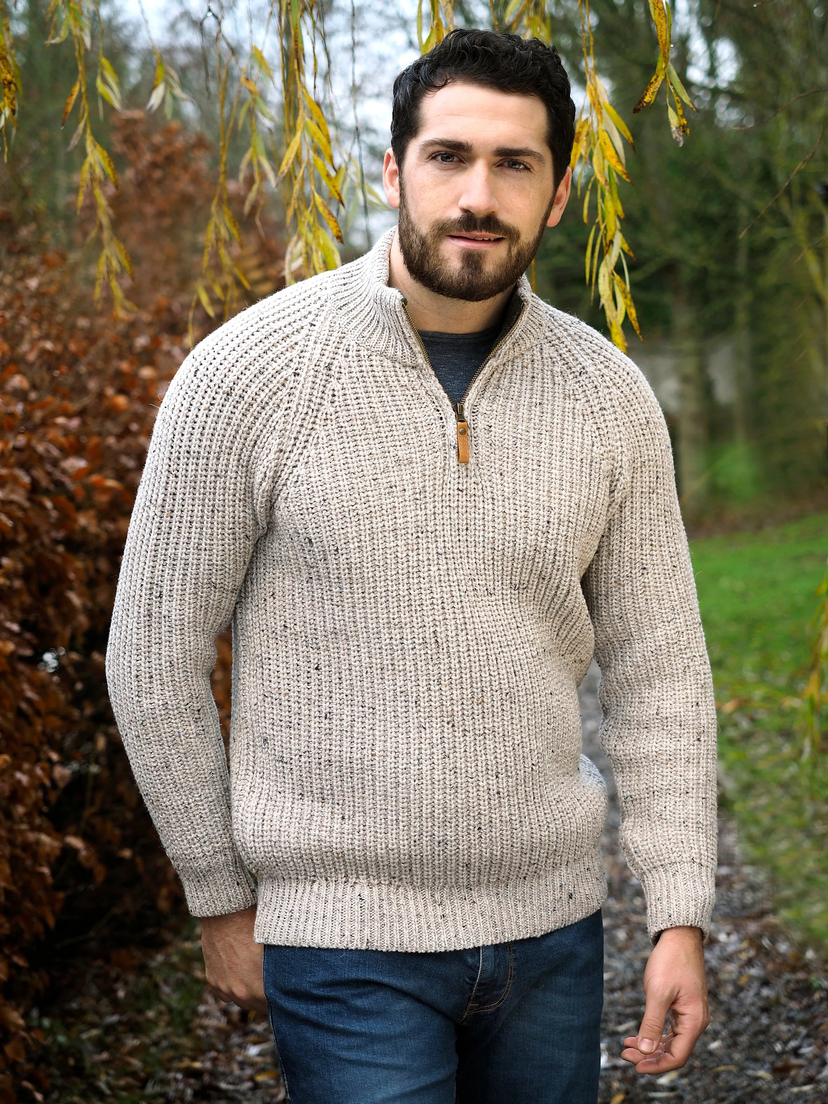 FISHERMAN STYLE HALF ZIP SWEATER WITH RIBBED STITCH