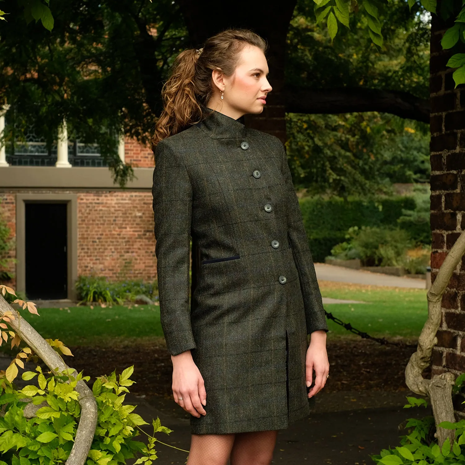 Fitted Tweed Coat in Green Check