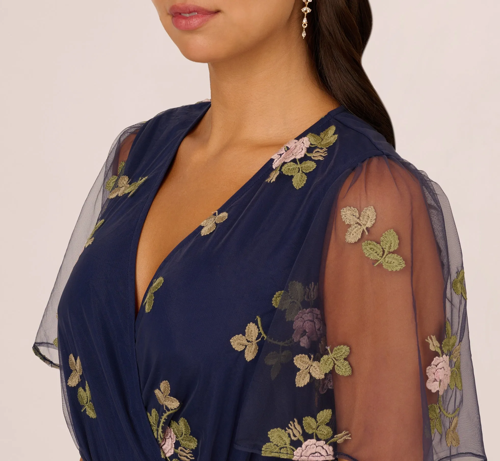 Floral Embroidered Maxi Dress With Sheer Flutter Sleeves In Navy Multi