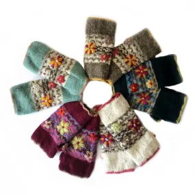 Flower Embroidered Knitted Wool Wrist Warmers