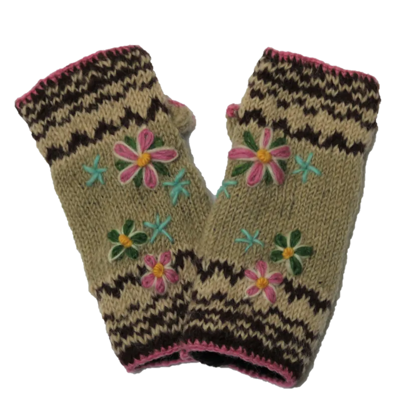 Flower Embroidered Knitted Wool Wrist Warmers