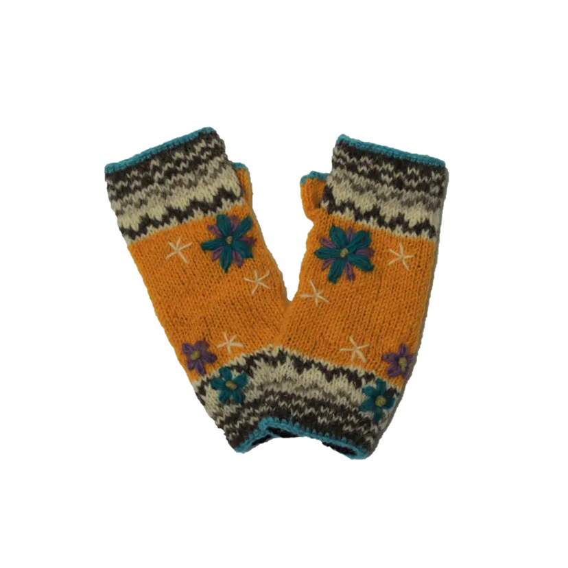 Flower Embroidered Knitted Wool Wrist Warmers