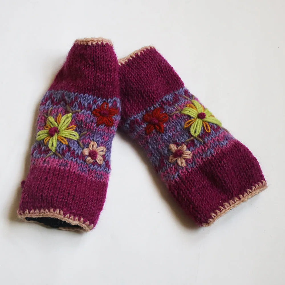 Flower Embroidered Knitted Wool Wrist Warmers