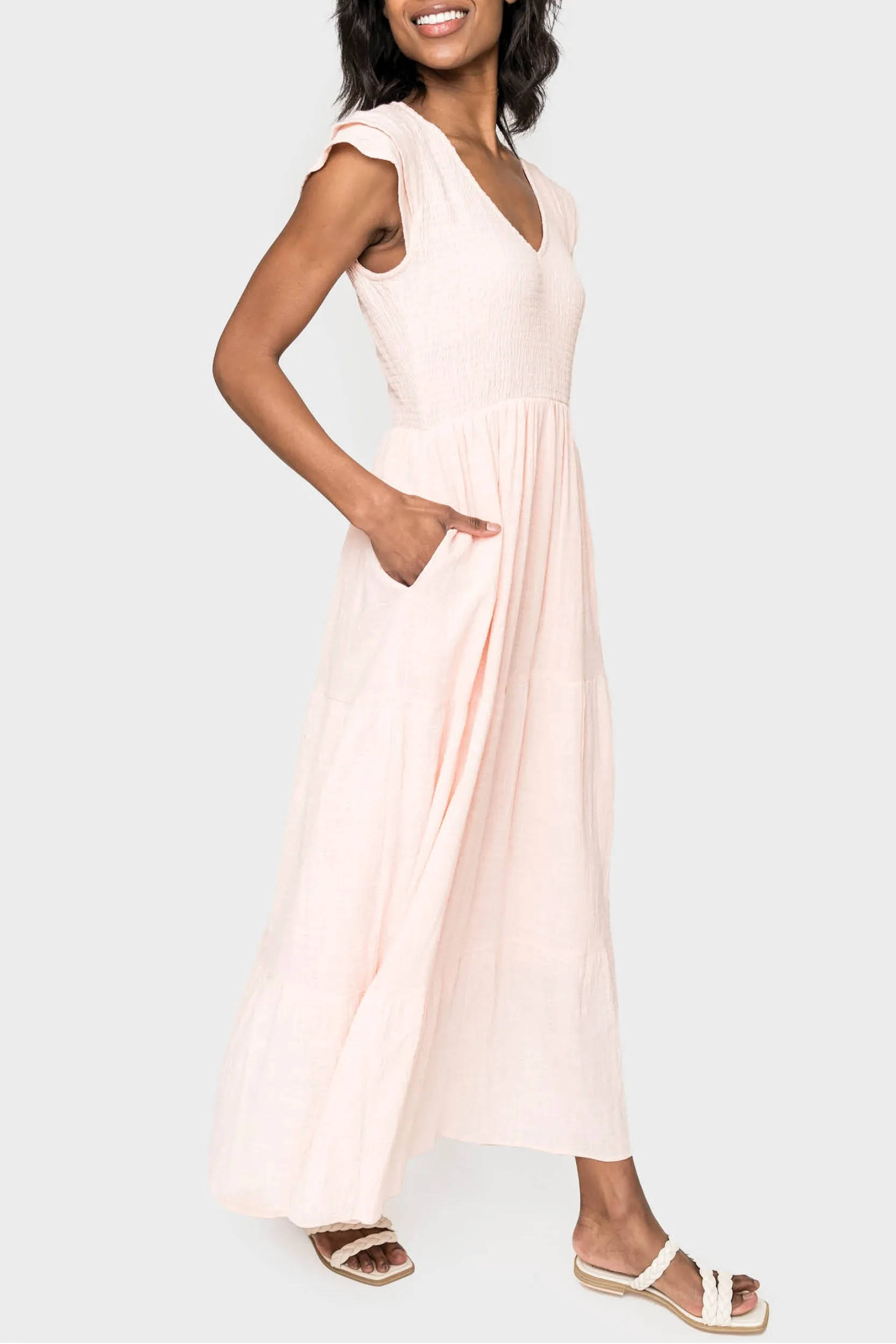 Flutter Sleeve Smocked V-Neck Tiered Maxi Dress