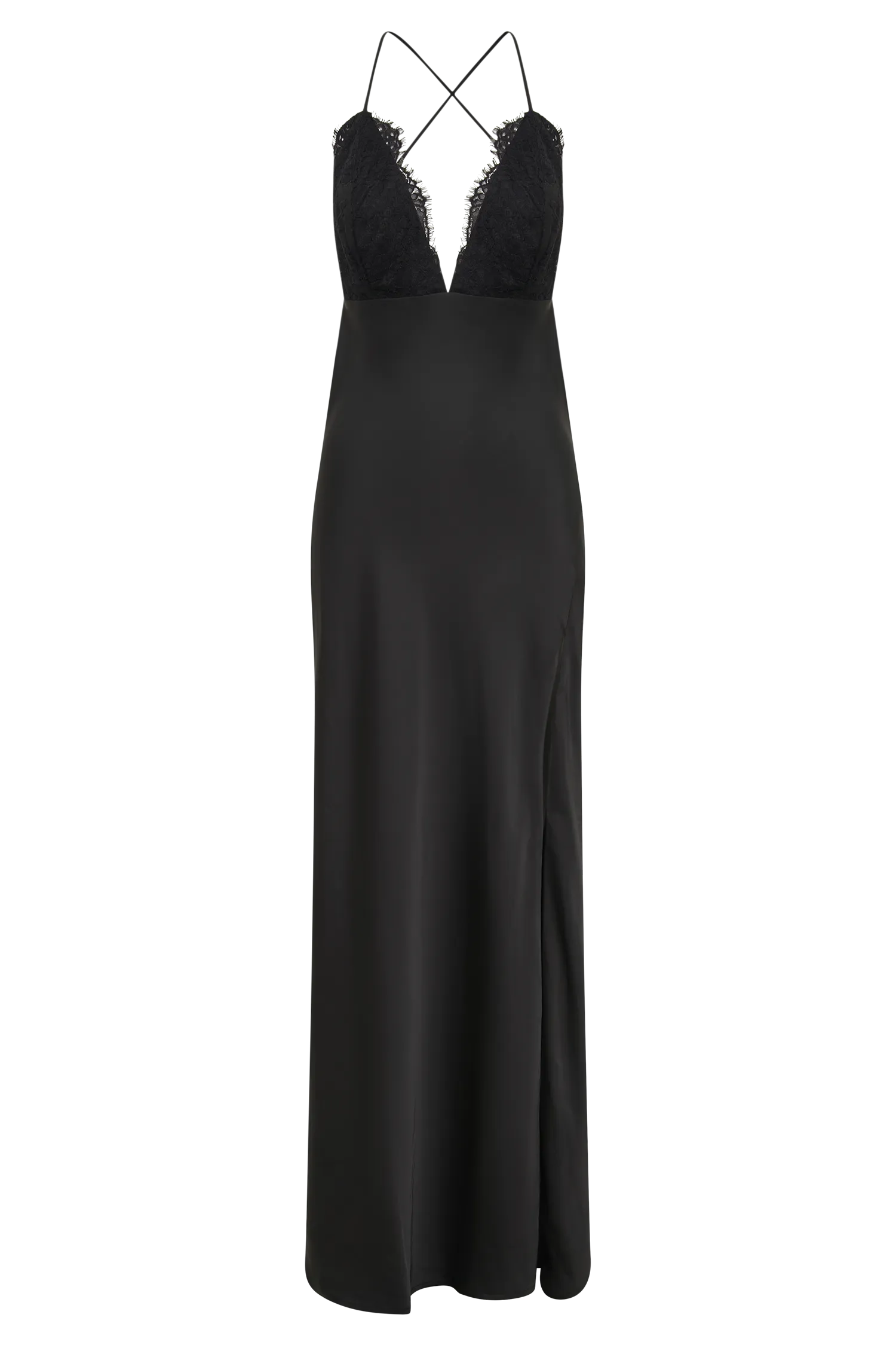 Gina Satin Slip Maxi Dress With Lace - Black