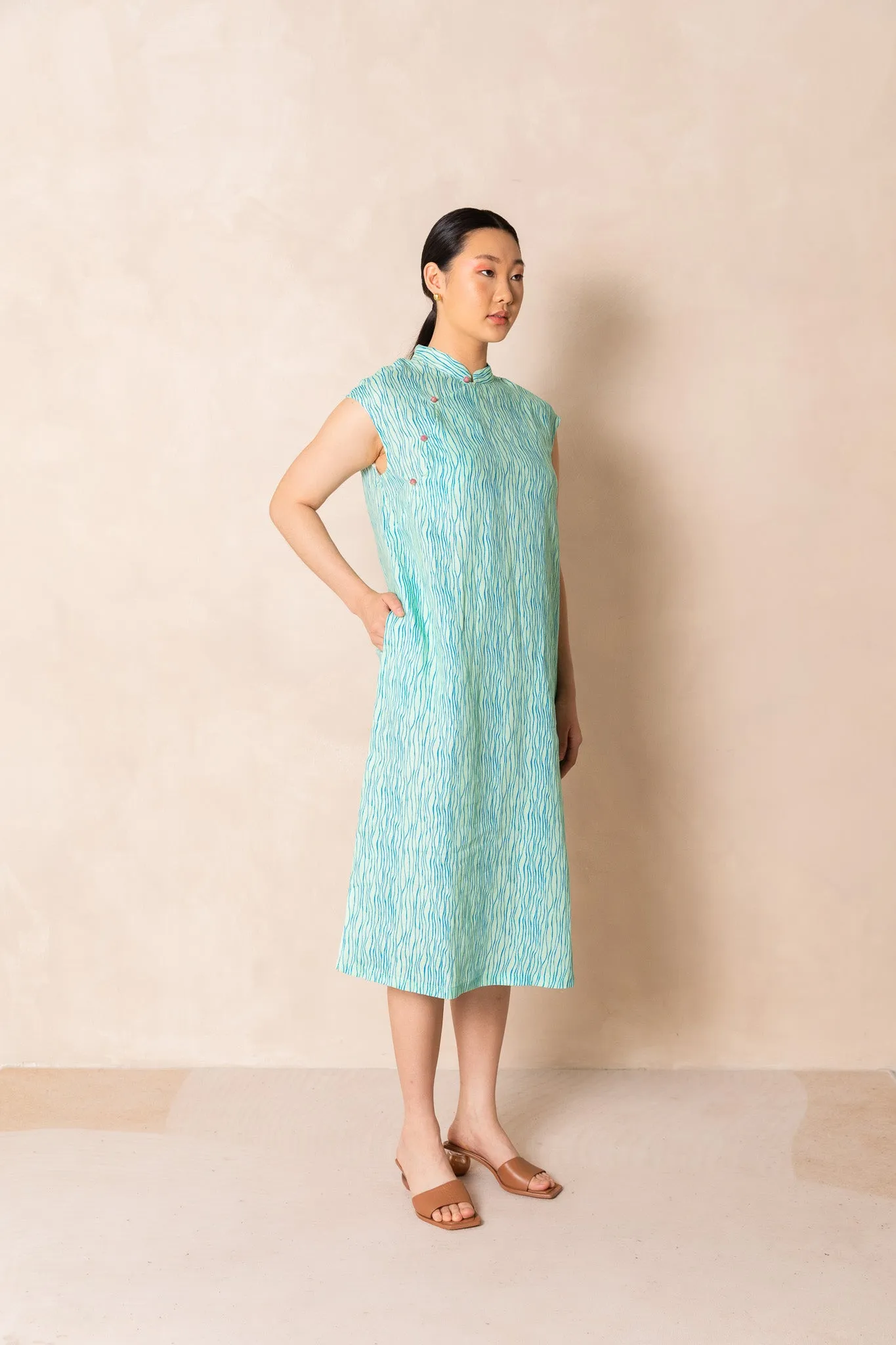 Green Stripe Print Cap Sleeve Cheongsam Dress