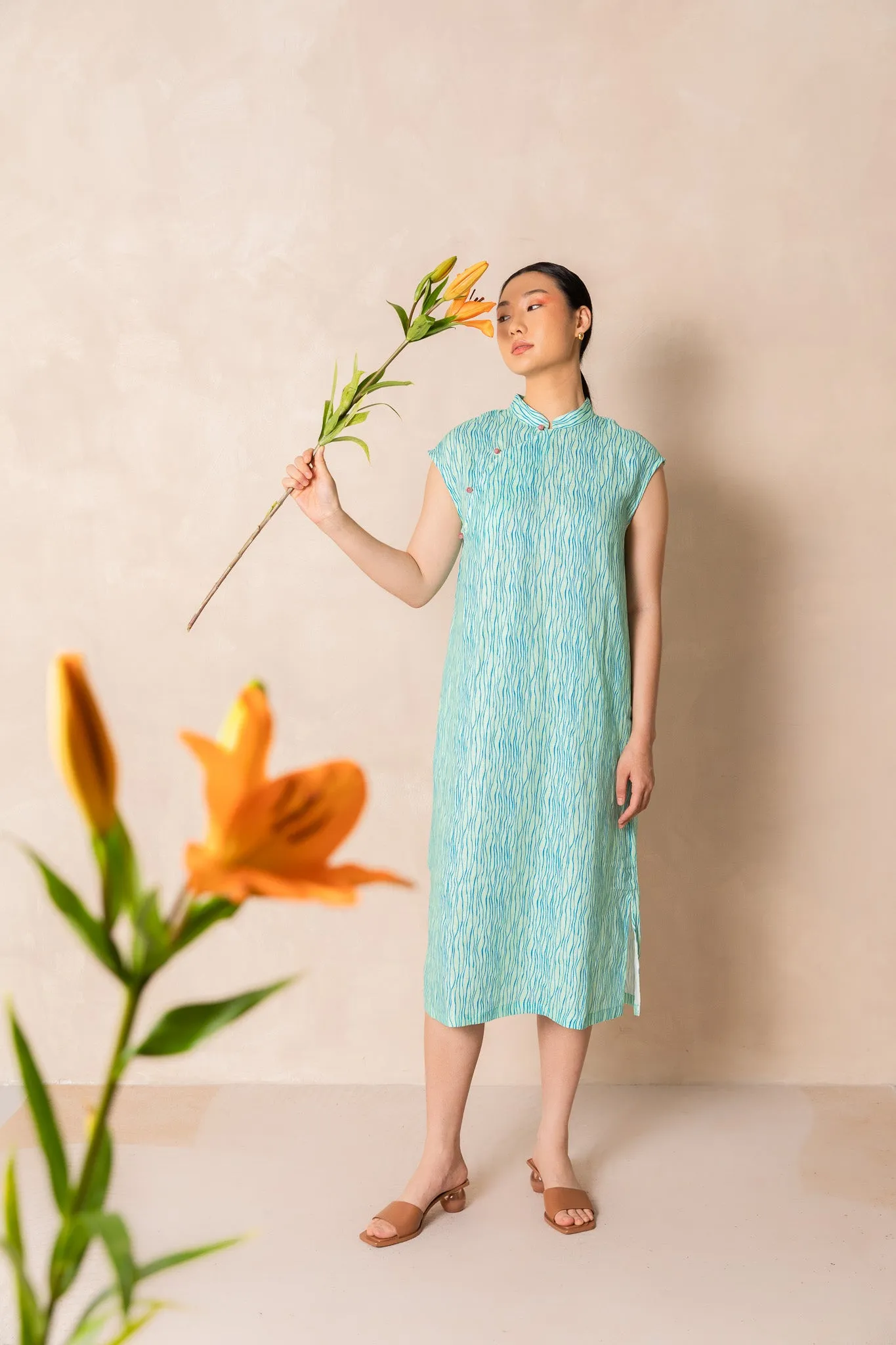 Green Stripe Print Cap Sleeve Cheongsam Dress