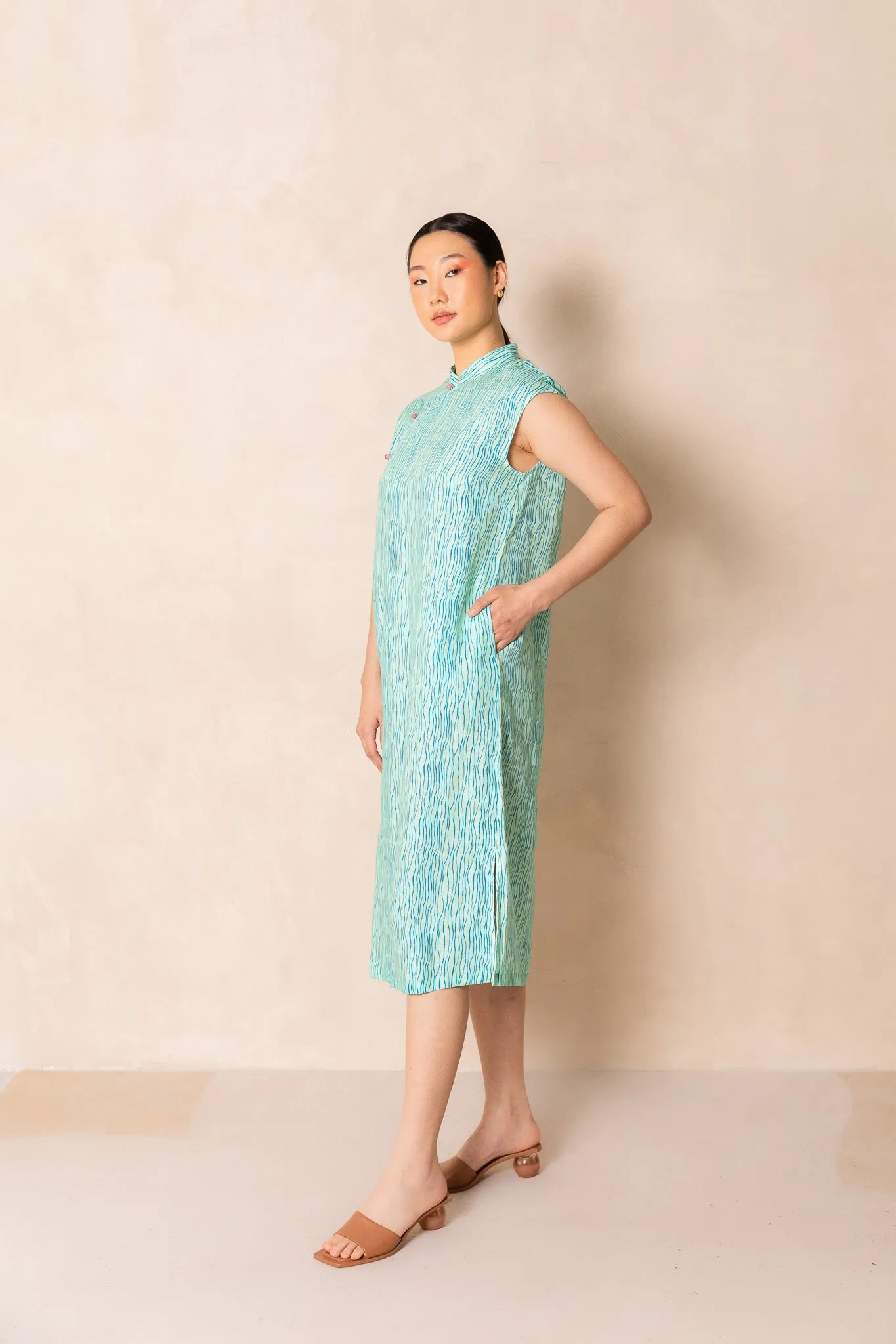 Green Stripe Print Cap Sleeve Cheongsam Dress